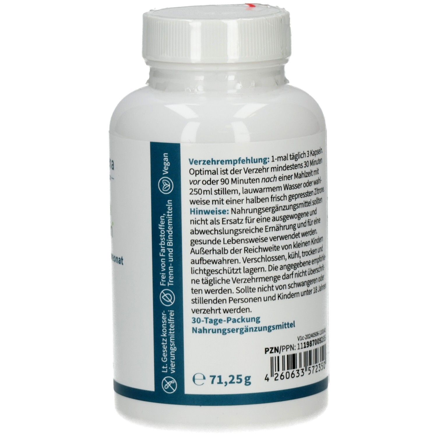 Rückseite einer NatuGena Magtein Magnesium L-Threonat Flasche mit Verzehrempfehlung und Siegeln.