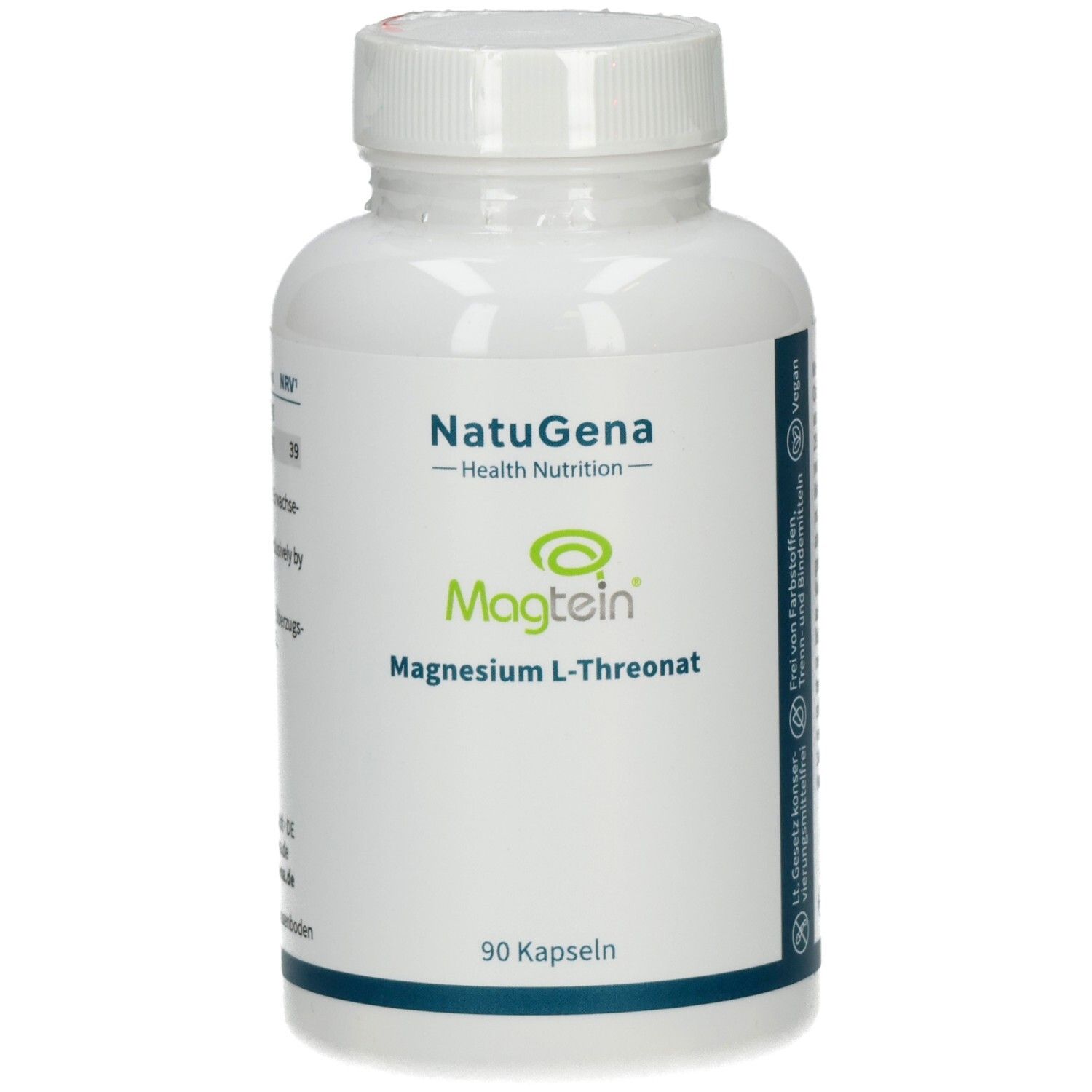 Weiße Kapsel-Flasche NatuGena Magtein Magnesium L-Threonat, 90 Kapseln, mit Siegeln für Vegan und Frei von Farbstoffen.