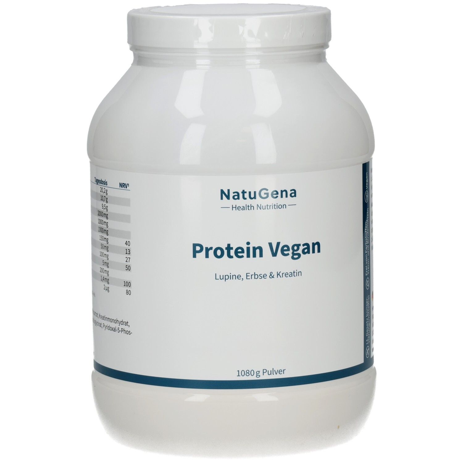 Weiße Dose mit Deckel. Aufschrift: NatuGena, Protein Vegan, Lupine, Erbse & Kreatin. 1080g Pulver.