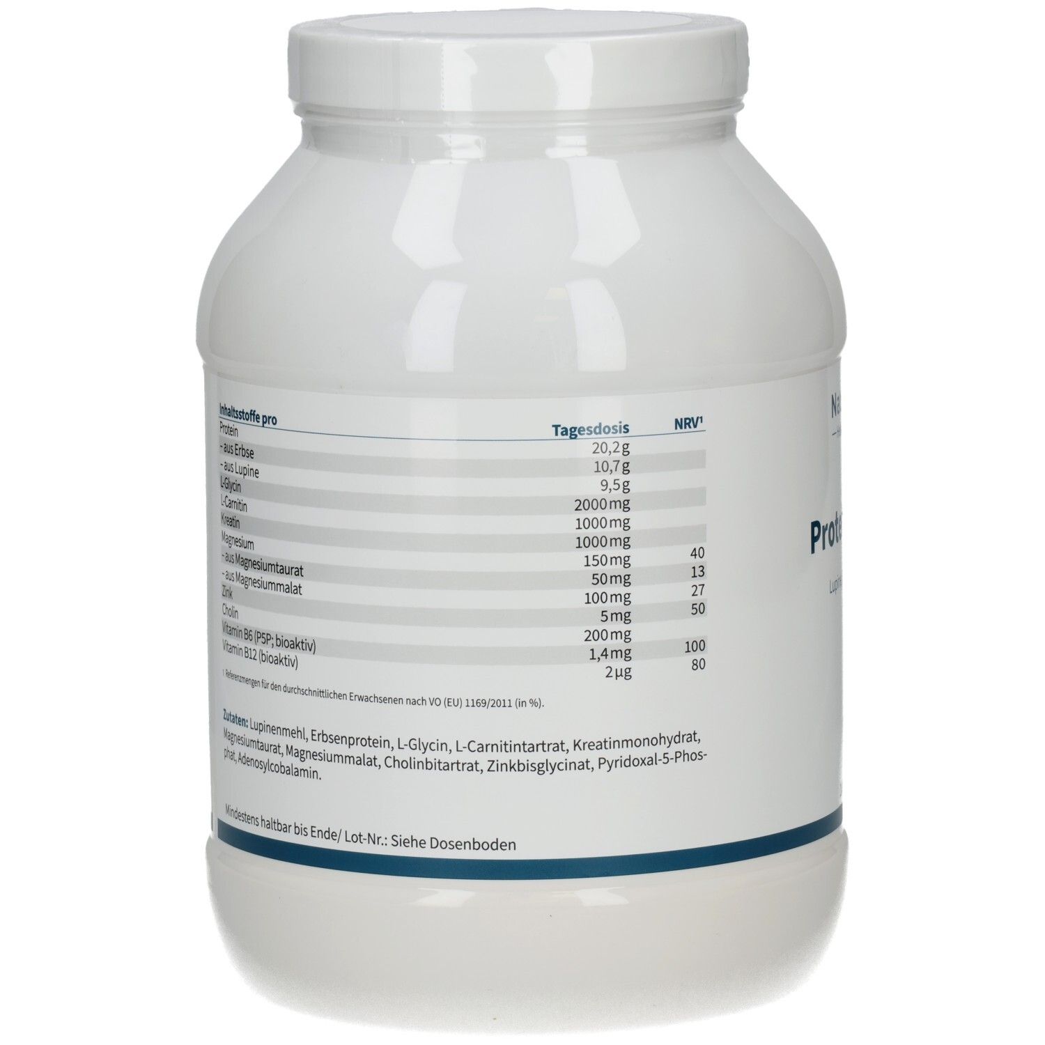 Rückseite der weißen Dose. Enthält Nährwertangaben und Inhaltsstoffe. Text in deutscher Sprache.