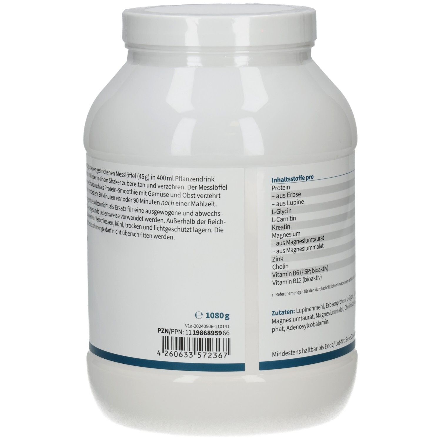 Rückseite der weißen Dose. Enthält Informationen zur Anwendung und Inhaltsstoffe. Text in deutscher Sprache.