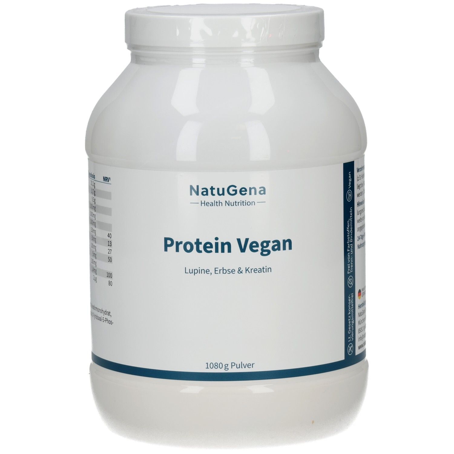 Weiße Dose mit Deckel. Aufschrift: NatuGena, Protein Vegan, Lupine, Erbse & Kreatin. 1080g Pulver. Vegan-Siegel.