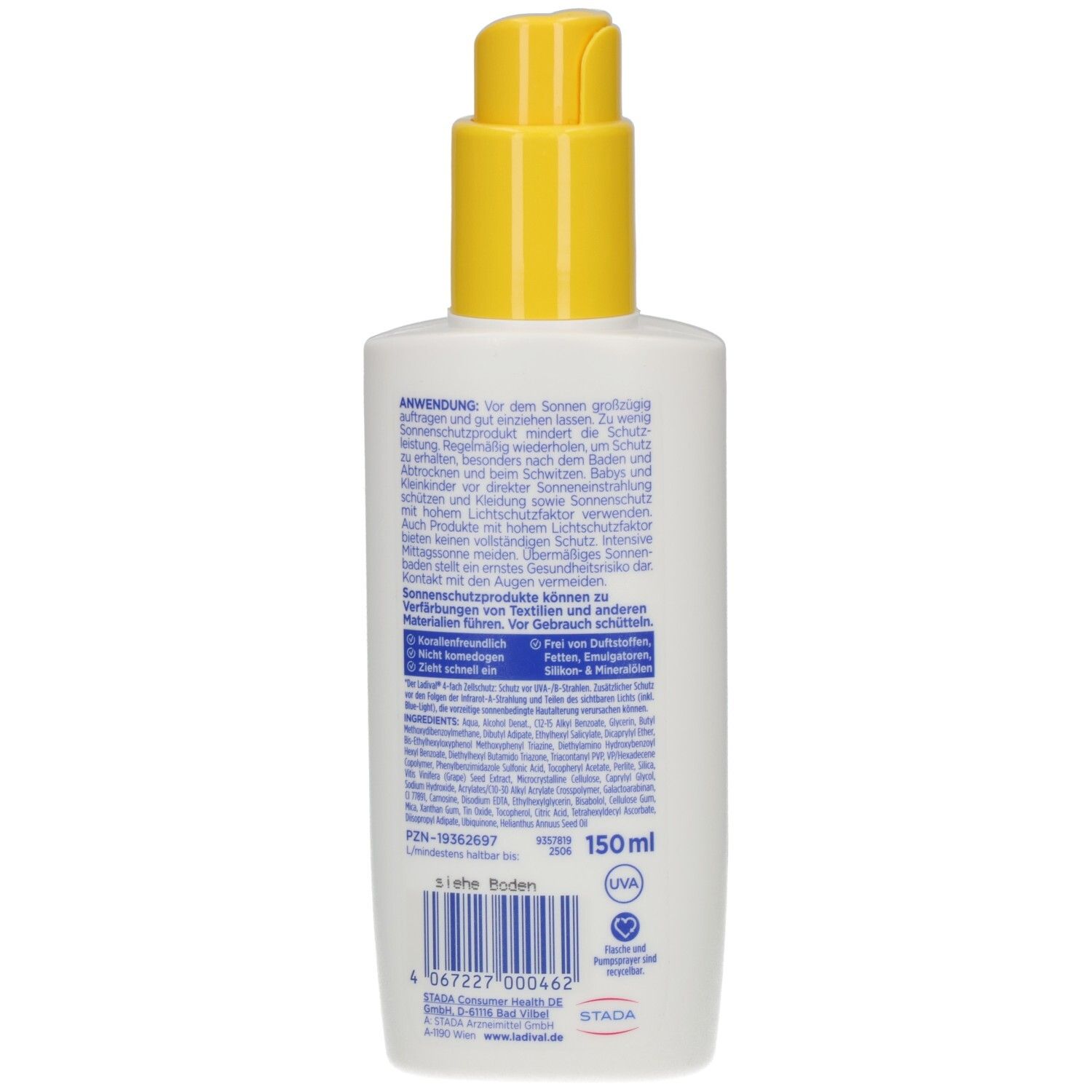 Rückseite der weißen Flasche mit Text. Blaue Schriftzüge und Text. Unten: 150 ml, UV-Symbol, STADA.