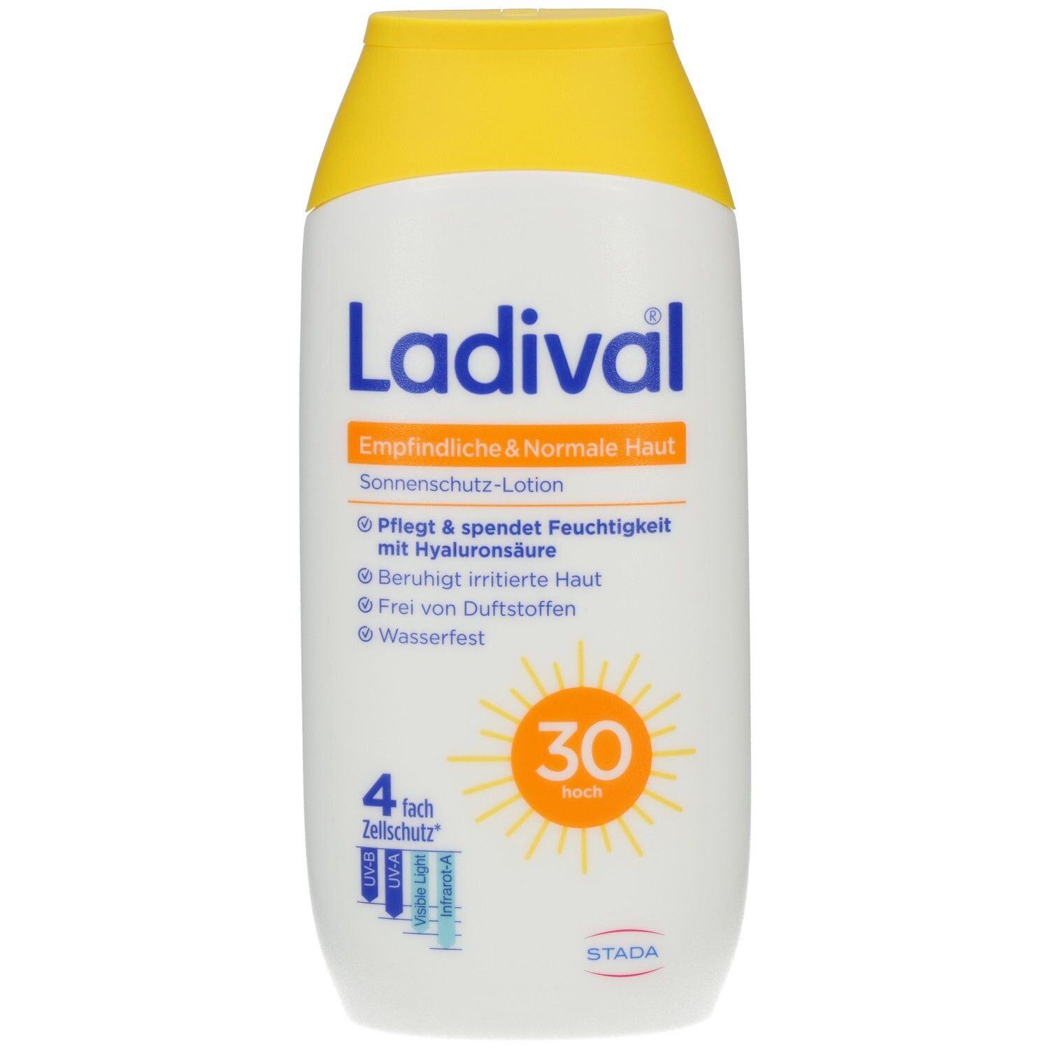 Weiße Flasche mit gelbem Deckel. Aufschrift: Ladival. Sonnenschutz-Lotion für empfindliche und normale Haut. Lichtschutzfaktor 30.
