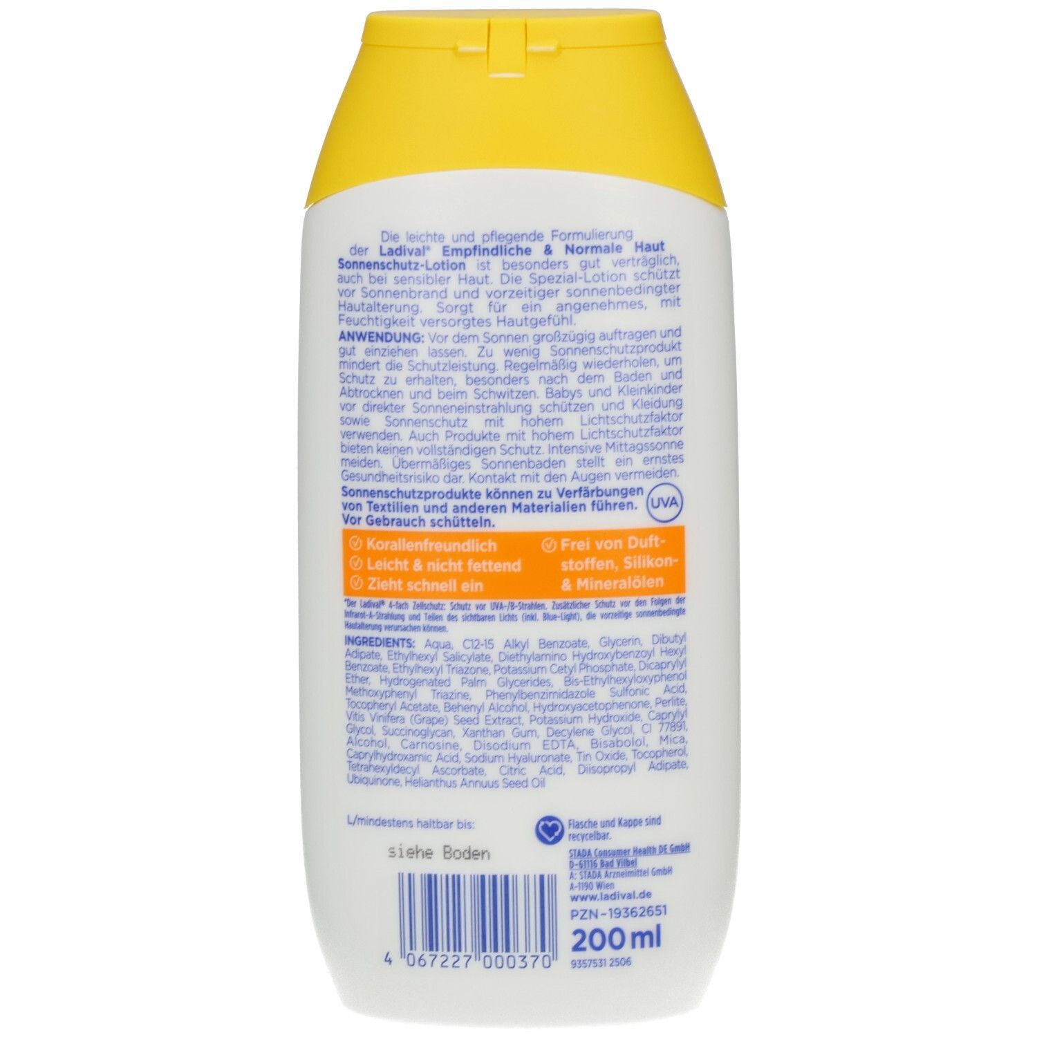 Rückseite der weißen Flasche mit gelbem Deckel. Textinformationen und Inhaltsstoffe. Volumen: 200 ml.