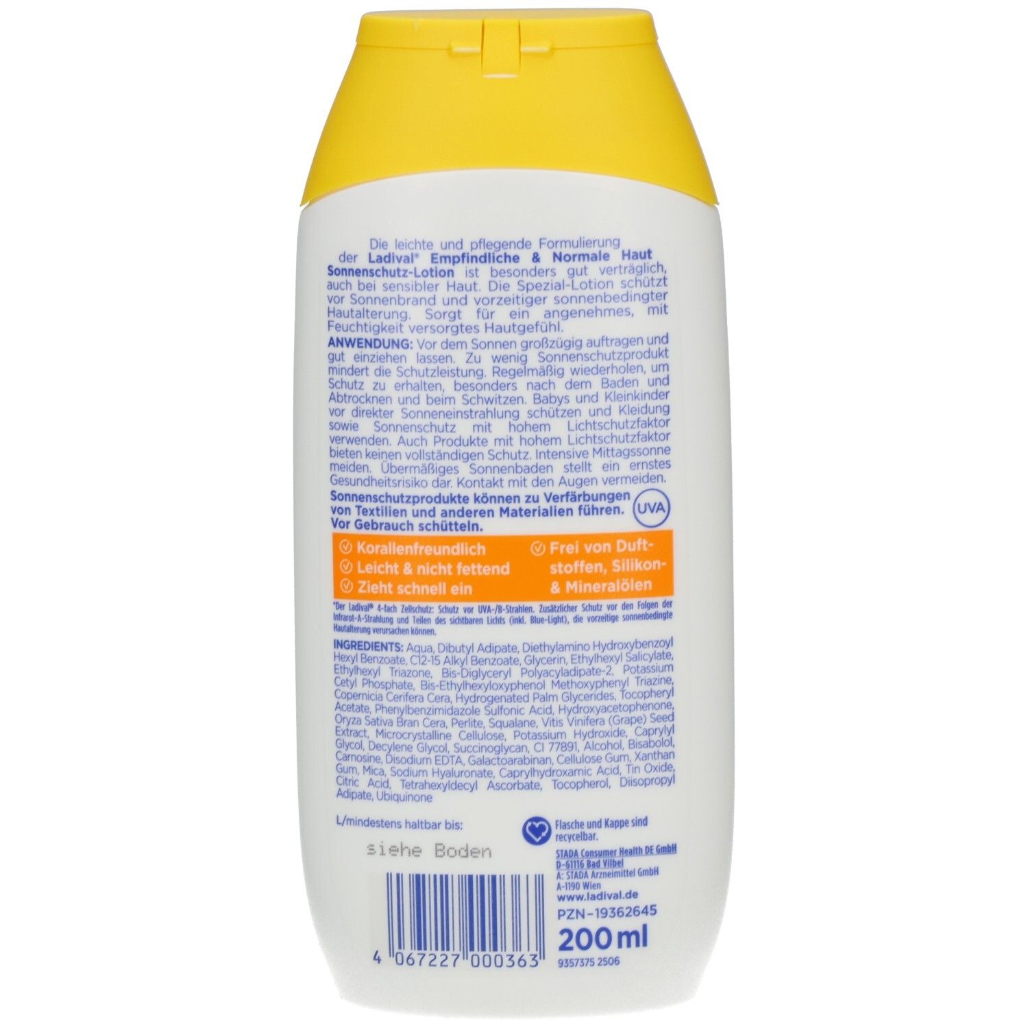 Rückseite der weißen Flasche mit gelbem Deckel. Text und Inhaltsstoffe. Volumen: 200 ml. Barcode und Logo.