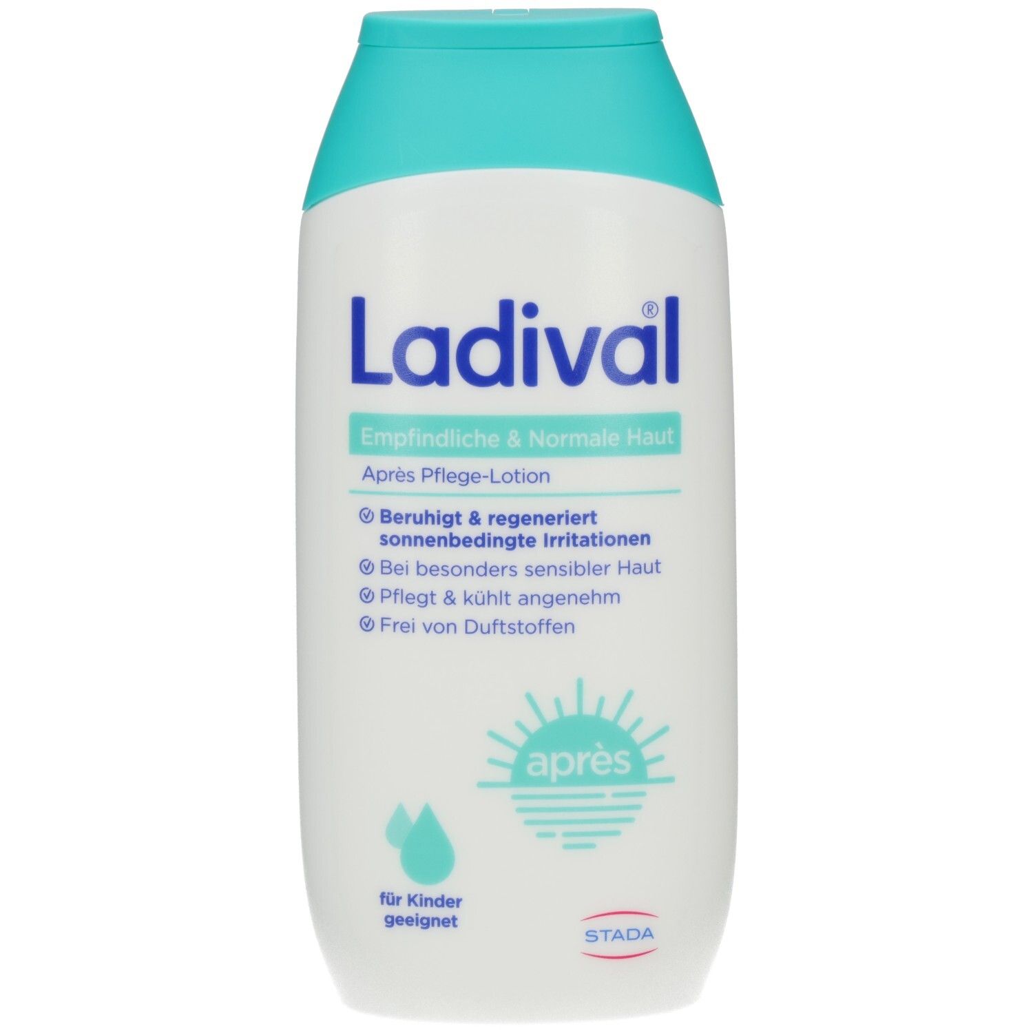 Weiße Flasche mit blauem Deckel. Aufschrift: Ladival, Empfindliche & Normale Haut, Après Pflege-Lotion. Türkisgrünes Logo.