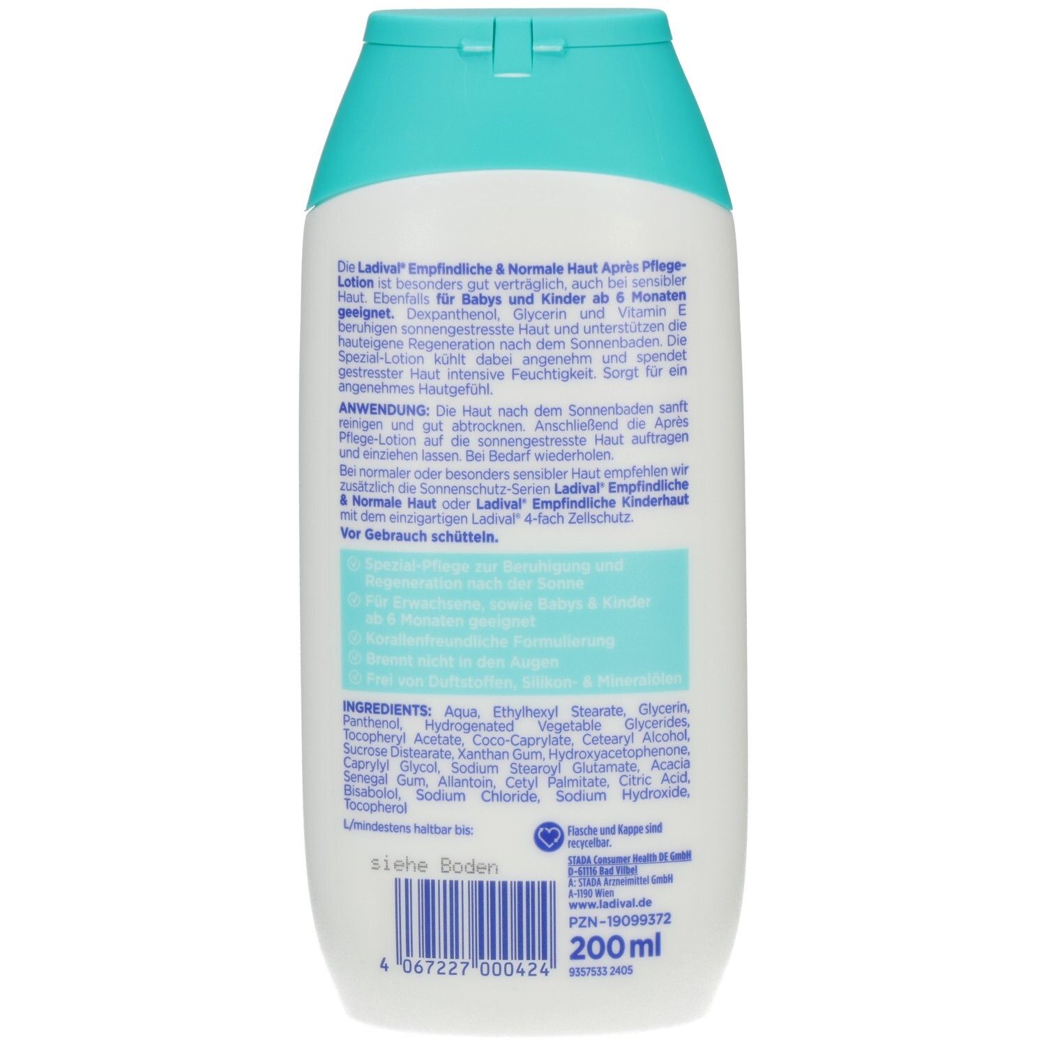 Rückseite der weißen Flasche. Text in Deutsch. Inhaltsstoffe und Herstellerinformationen. Blaue und grüne Elemente.