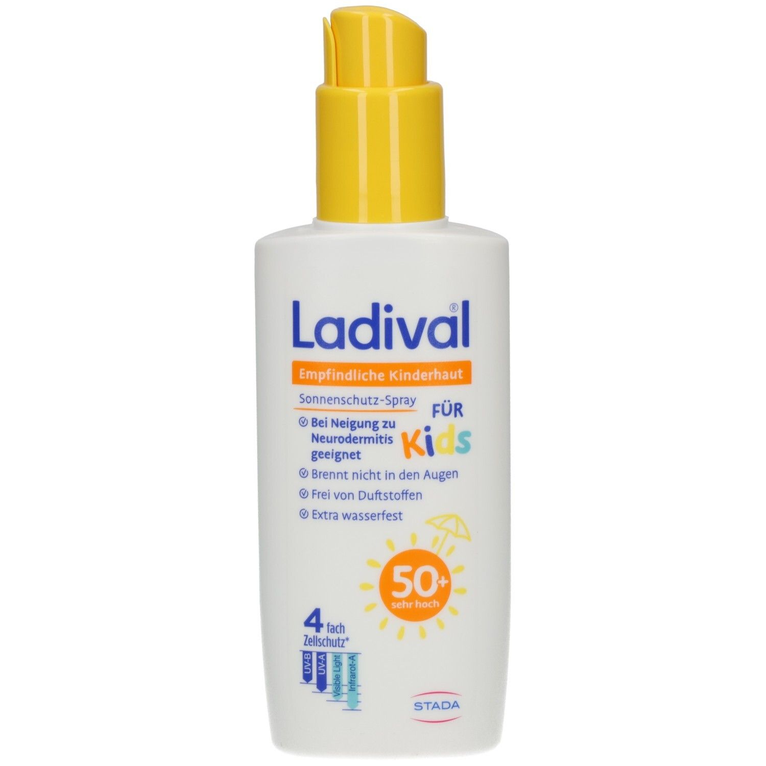 Weiße Flasche mit gelbem Pumpkopf. Aufschrift: Ladival, Empfindliche Kinderhaut, Sonnenschutz-Spray, 50+.