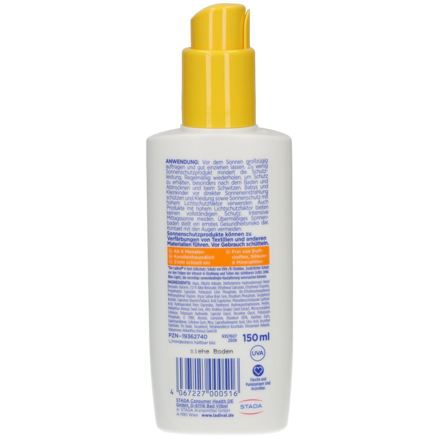 Rückseite der weißen Flasche. Text mit Anwendungs- und Inhaltsstoffinformationen. Volumen: 150ml. Mit UVA-Siegel.