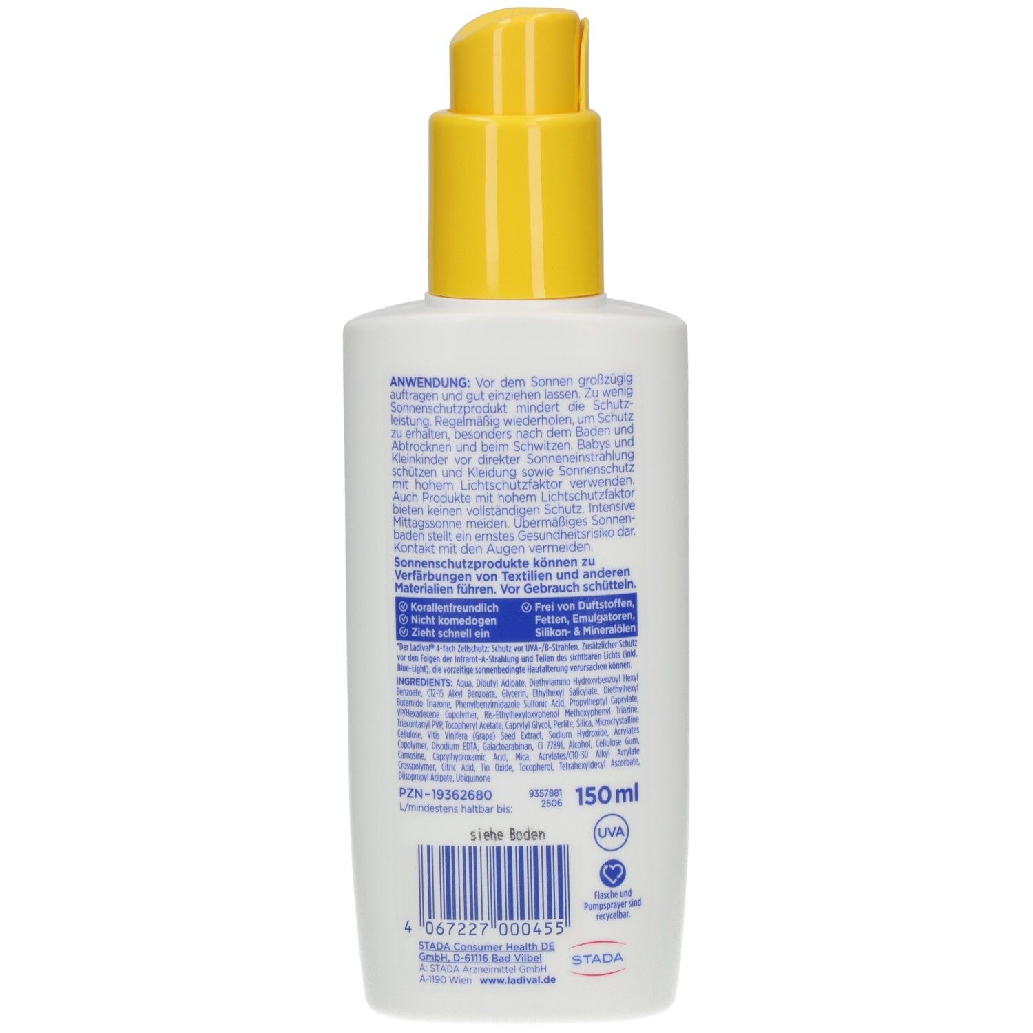 Rückseite der weißen Flasche mit gelbem Pumpkopf. Text in deutscher Sprache. 150 ml. UVA-Siegel. Strichcode und STADA-Logo.