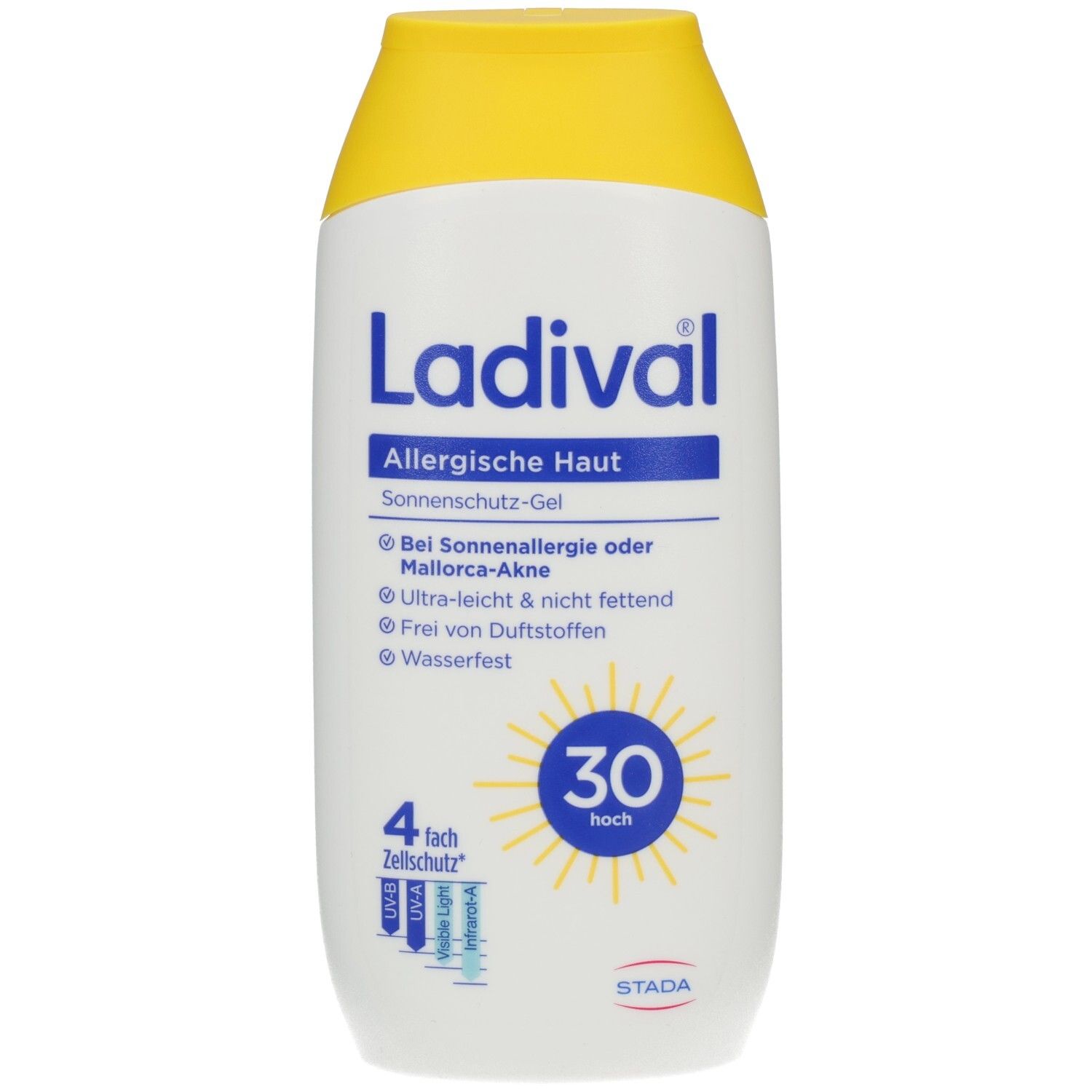 Weiße Flasche mit gelbem Deckel. Aufschrift: Ladival, Allergische Haut, Sonnenschutz-Gel LSF 30. Mit Sonnen-Symbol.