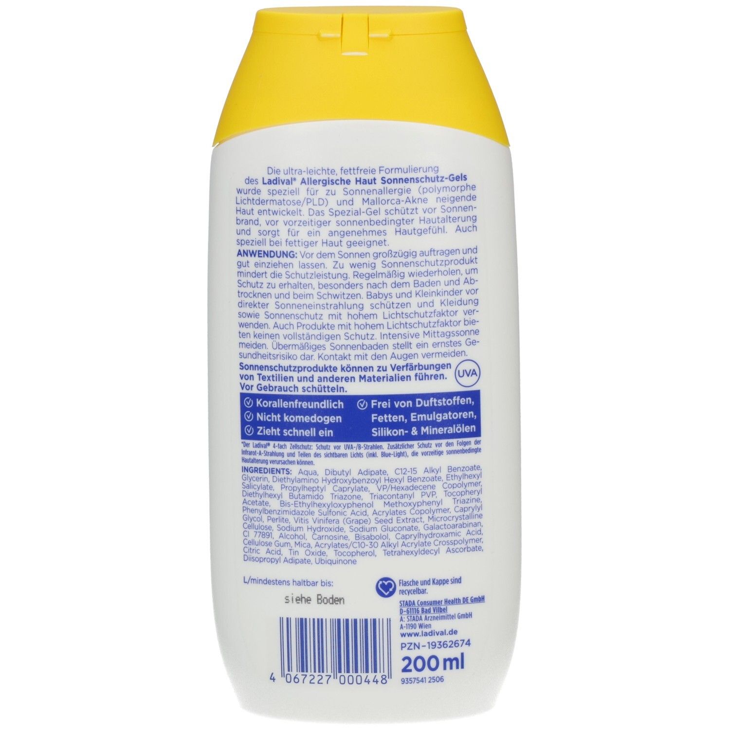 Rückseite der weißen Flasche. Text in deutscher Sprache. Enthält Inhaltsstoffe, PZN-Nummer und 200 ml.