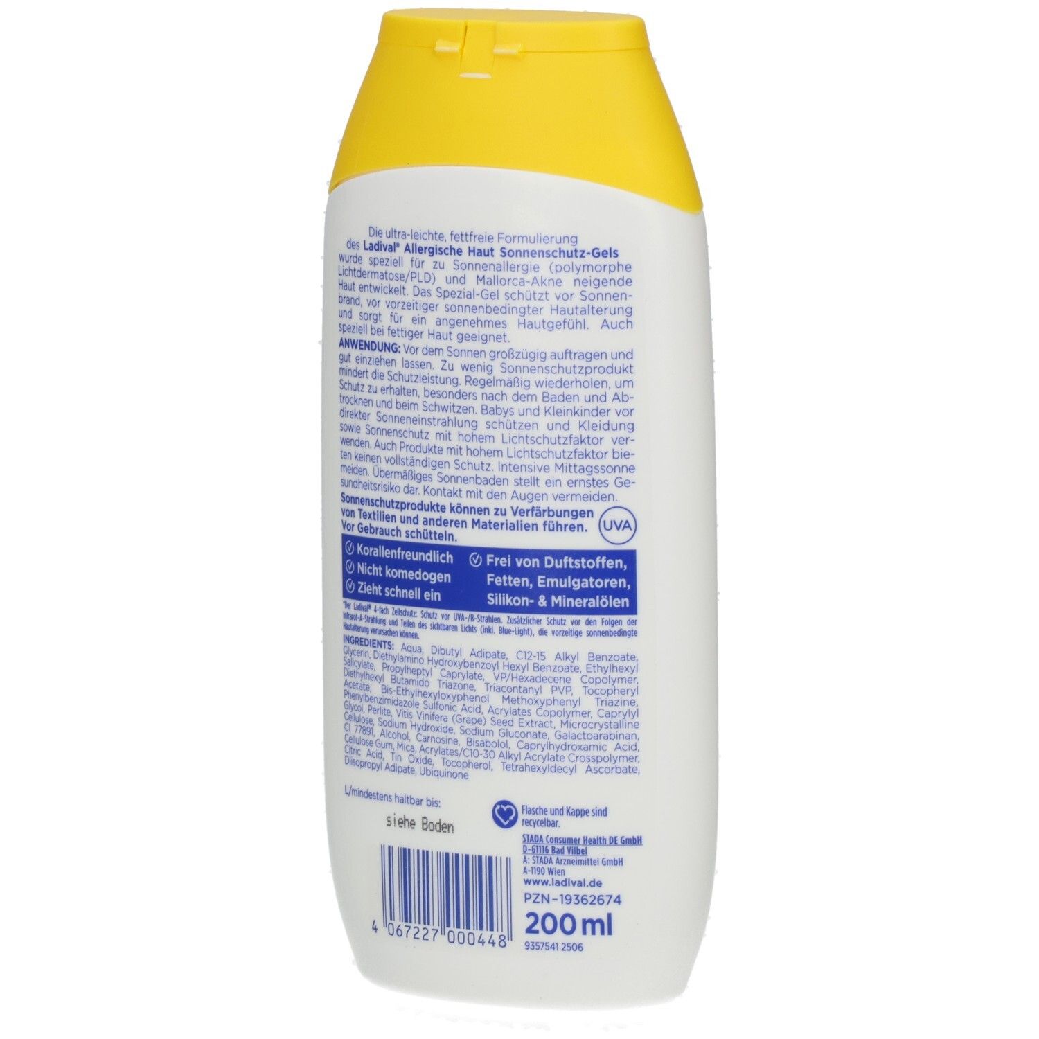 Rückseite der weißen Flasche. Text in deutscher Sprache. Enthält Inhaltsstoffe, PZN-Nummer und 200 ml.
