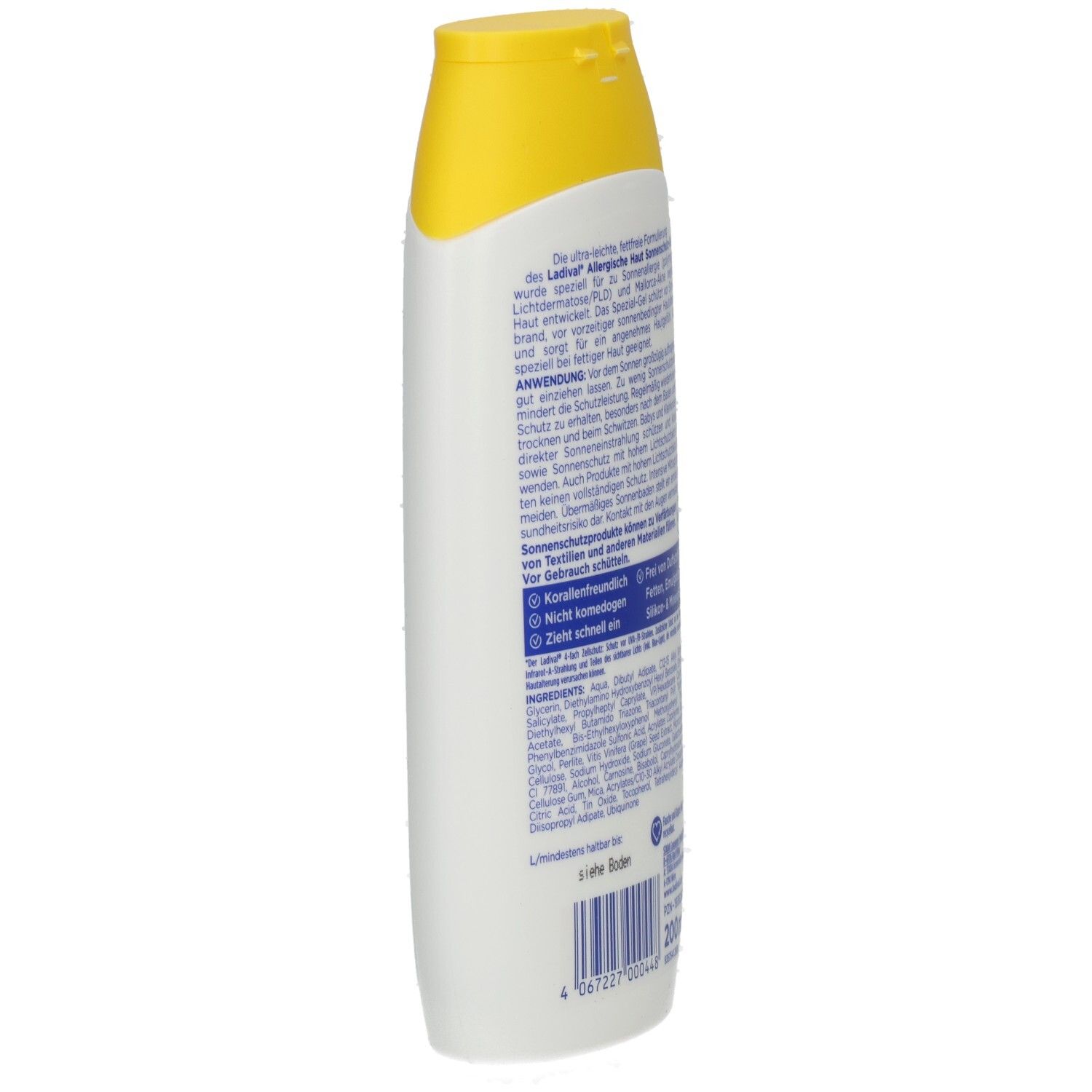 Weiße Flasche mit gelbem Deckel. Text in deutscher Sprache. Ansicht von der Seite.