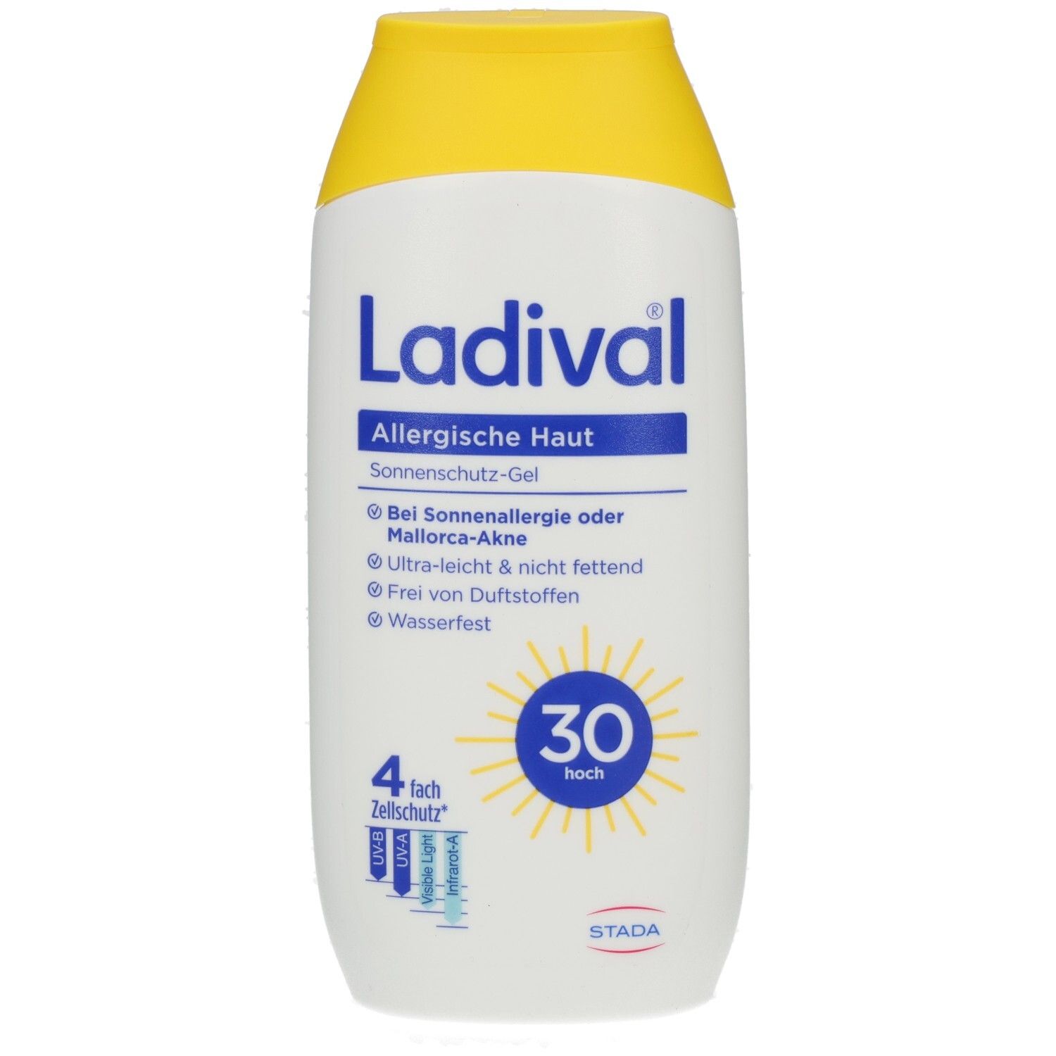 Weiße Flasche mit gelbem Deckel. Aufschrift: Ladival, Allergische Haut, Sonnenschutz-Gel LSF 30. Mit Sonnen-Symbol.