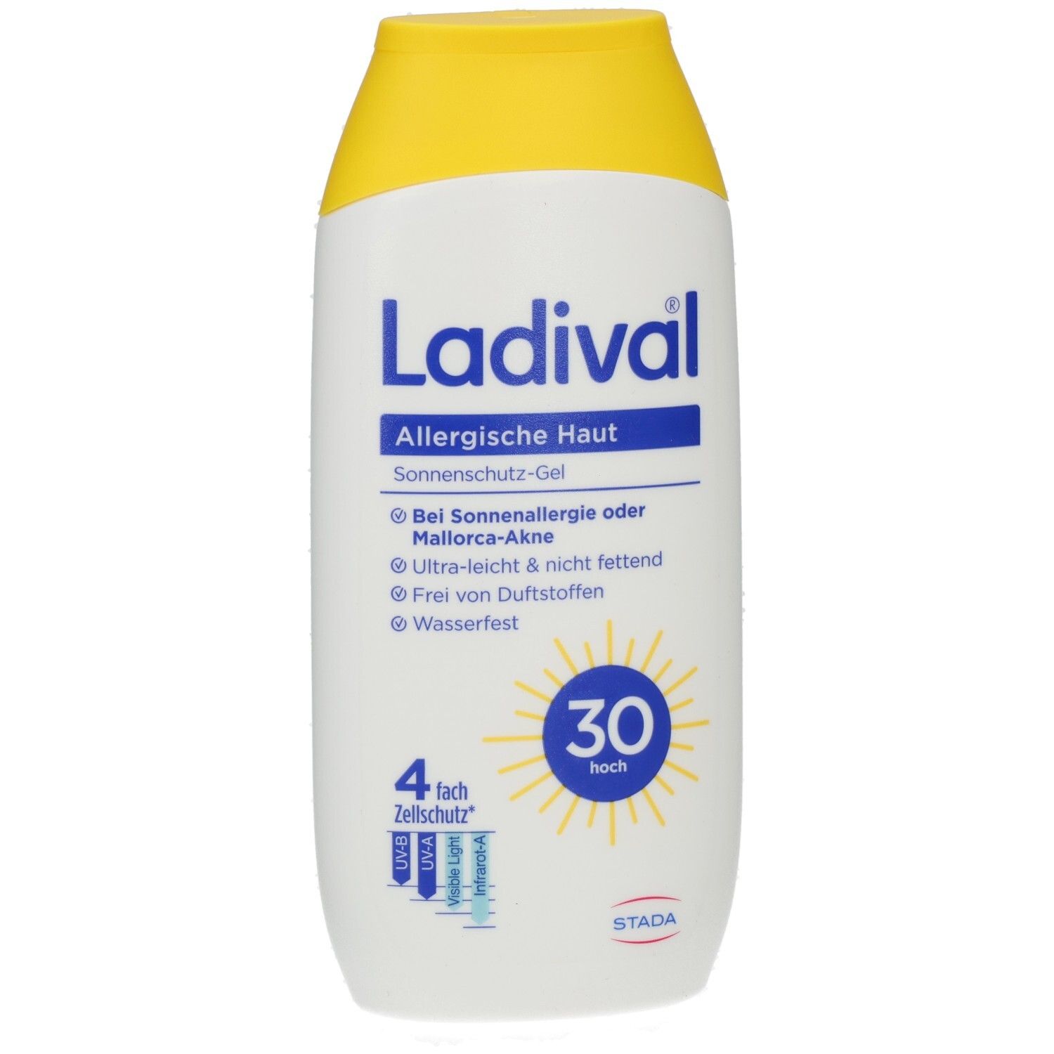 Weiße Flasche mit gelbem Deckel. Aufschrift: Ladival, Allergische Haut, Sonnenschutz-Gel LSF 30. Mit Sonnen-Symbol.