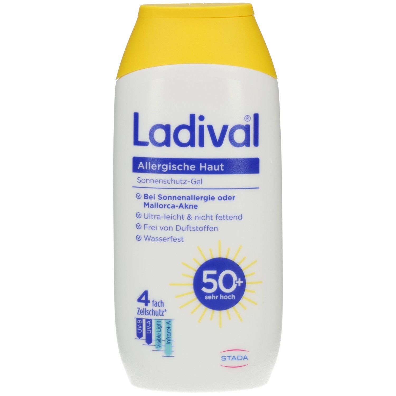 Weiße Flasche mit gelbem Deckel. Blaue Schrift: Ladival, Allergische Haut, Sonnenschutz-Gel. Lichtschutzfaktor 50+. Sonnen-Symbol.