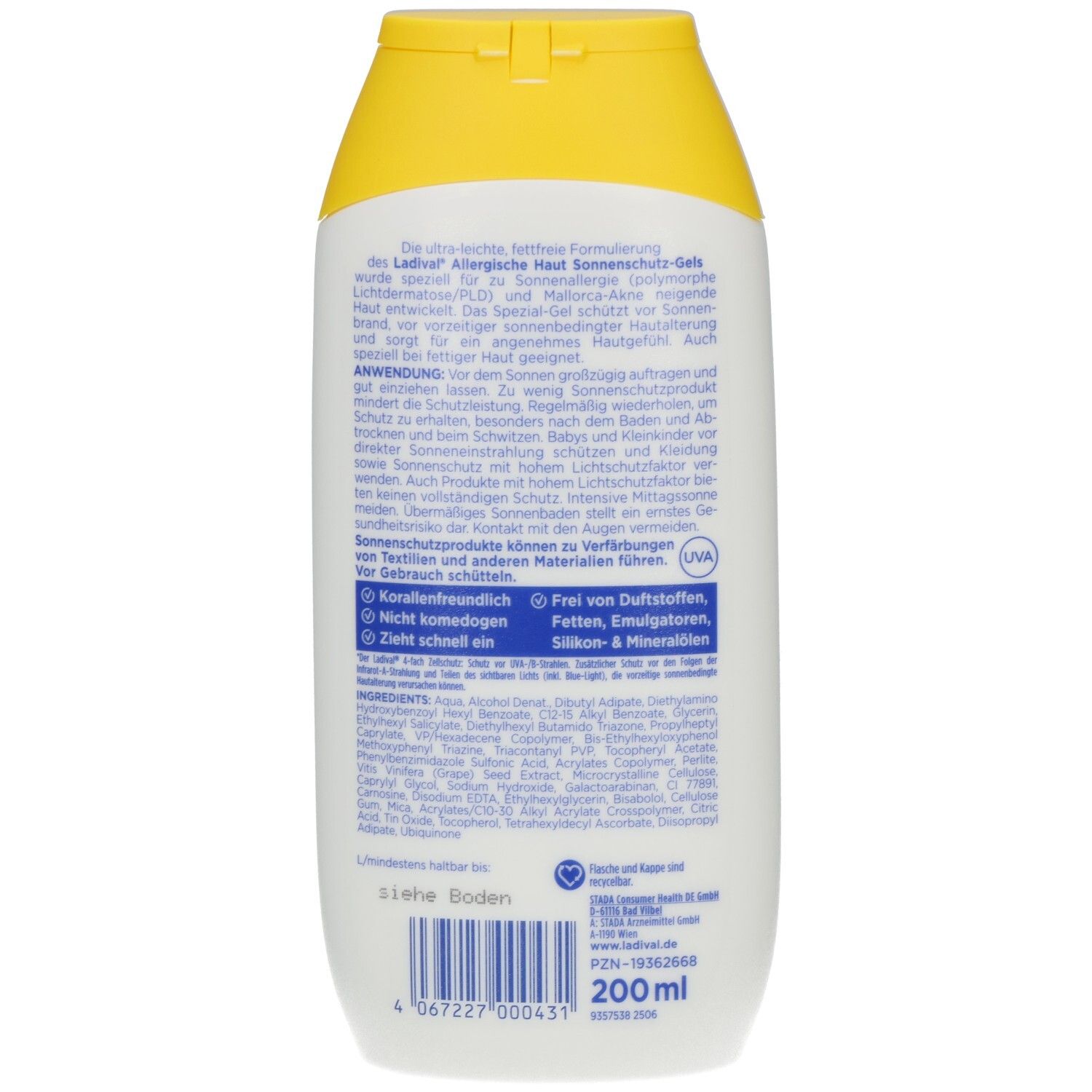 Rückseite der weißen Flasche mit gelbem Deckel. Text in deutscher Sprache. Enthält Informationen zu Inhaltsstoffen und Anwendung.
