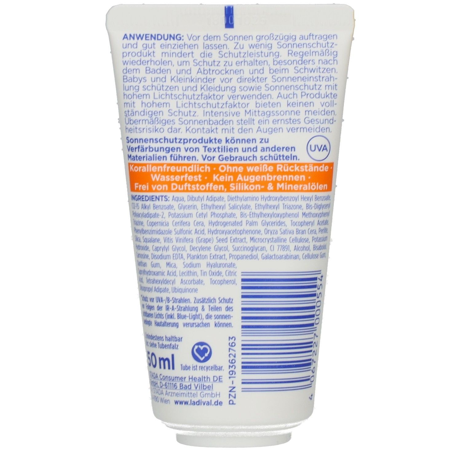 Rückseite der weißen Tube. Text: Anwendung, Inhaltsstoffe, ohne weiße Rückstände, wasserfest. 50 ml. Logo: recyclebaar.