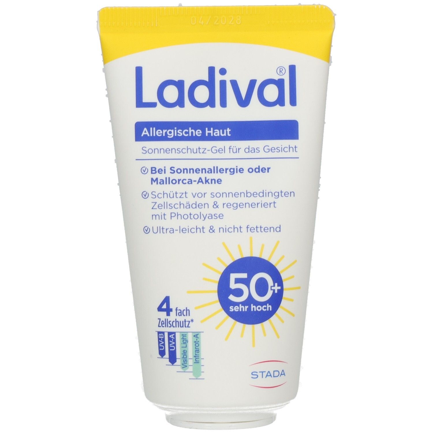 Weiße Tube mit gelbem Deckel. Blaue Schrift: Ladival, Allergische Haut, Sonnenschutz-Gel. Sonnenschutzfaktor 50+. STADA-Logo.