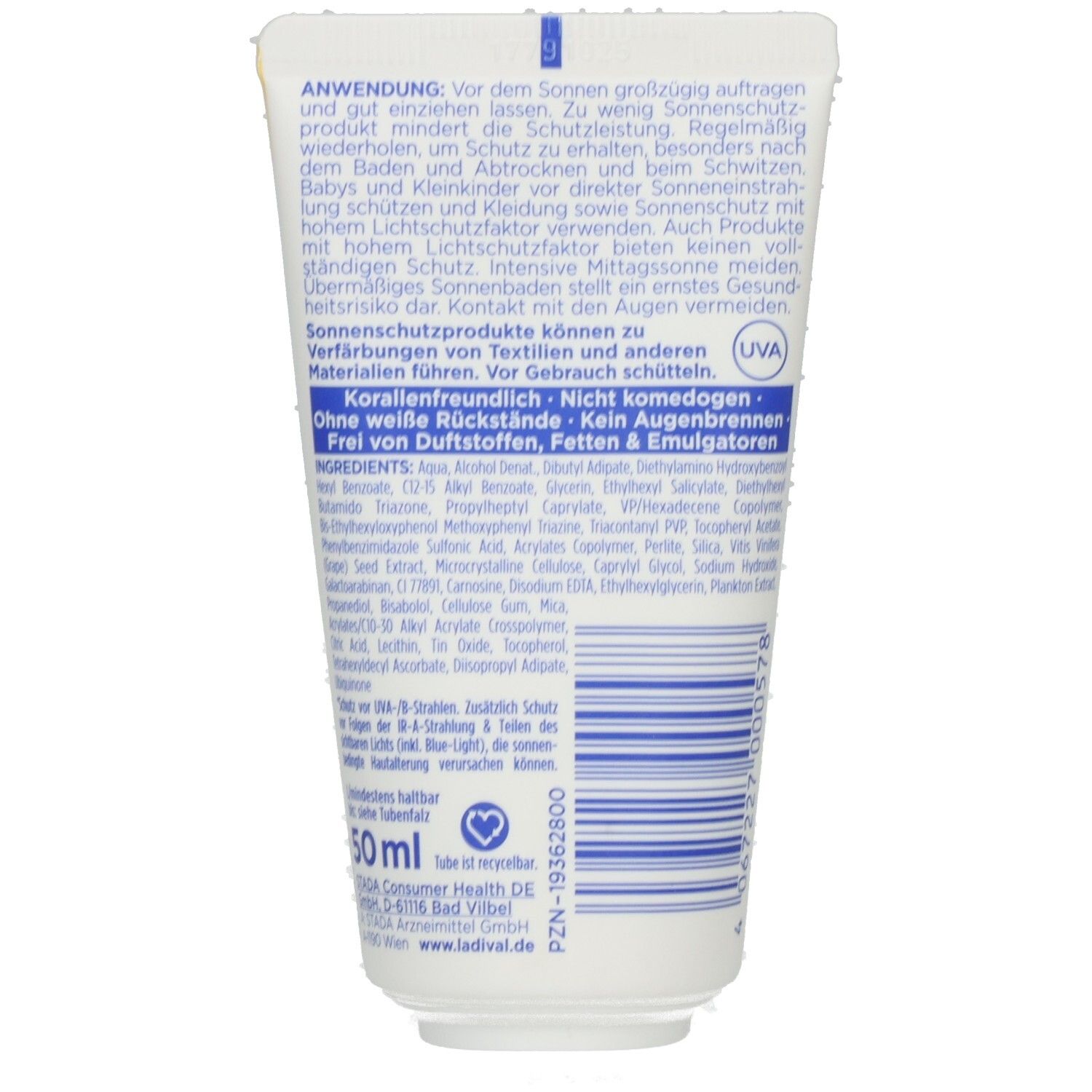 Rückseite der weißen Tube. Blaue Schrift und Text. Enthält Informationen zu Inhaltsstoffen und Anwendung. 50 ml.