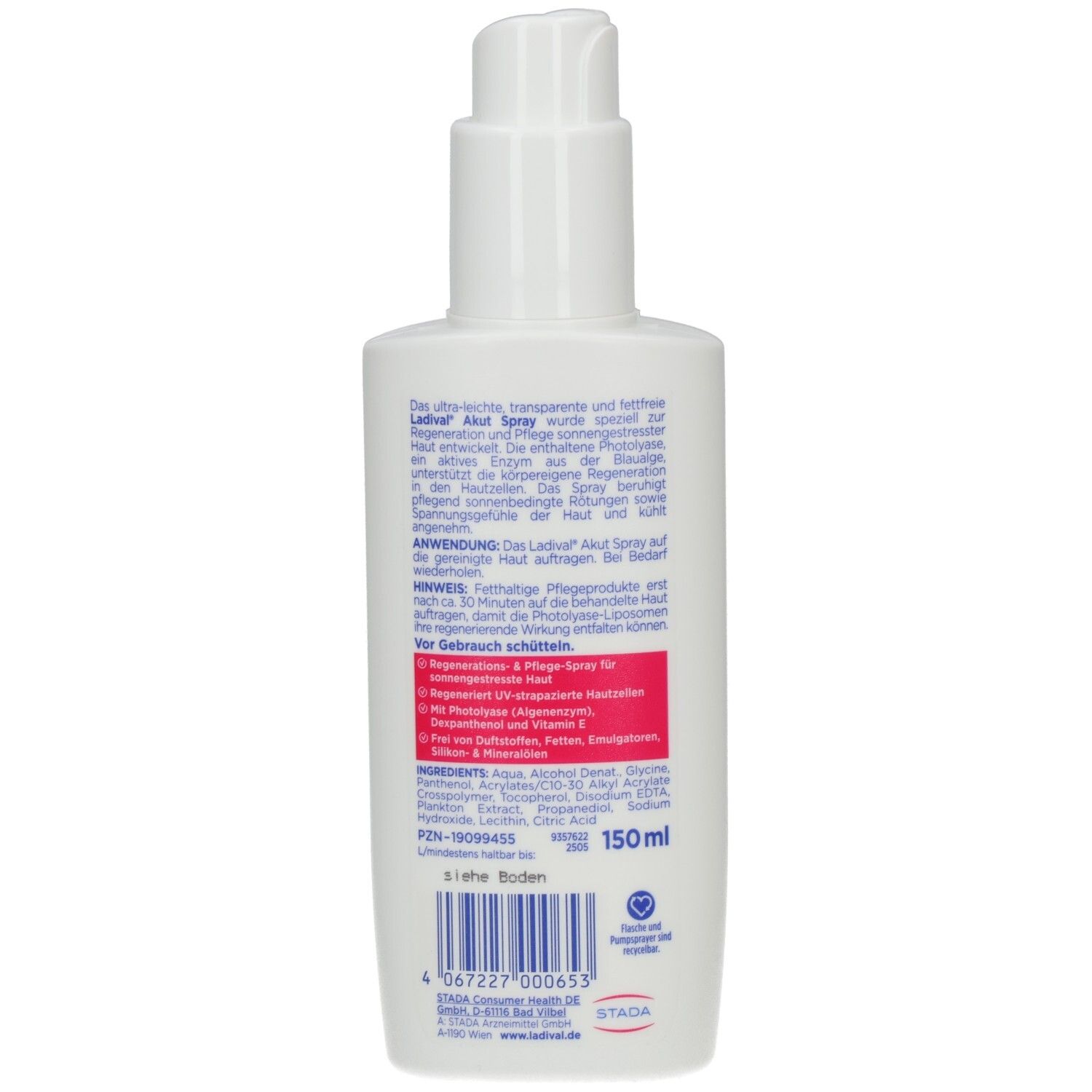 Rückseite der weißen Sprühflasche. Text: Ladival Akut Spray, 150ml. Enthält Inhaltsstoffe. Mit 3-Sterne-Boden-Siegel.