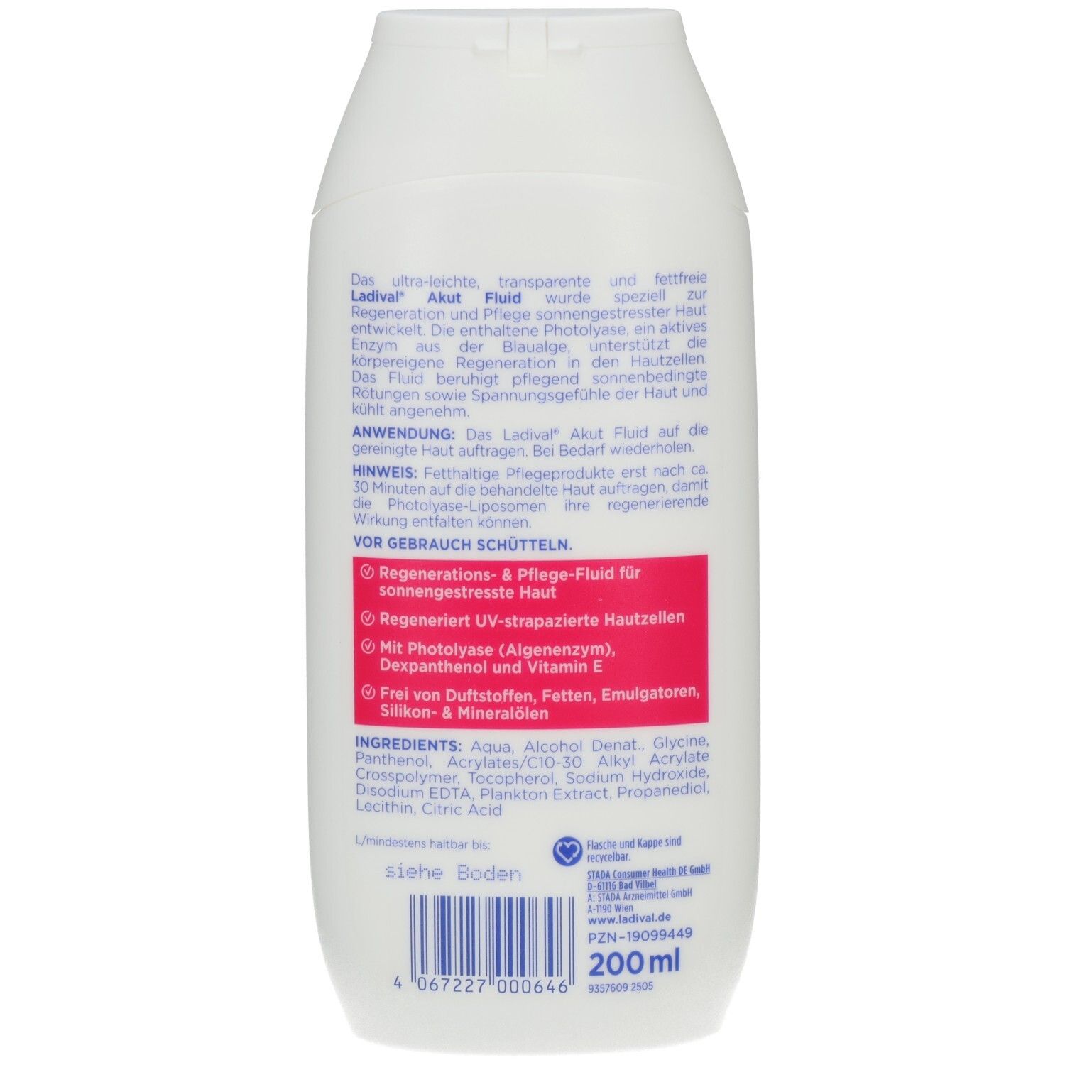 Rückseite der weißen Flasche. Text in deutscher Sprache. Aufschrift: Ladival Akut Fluid. 200 ml.