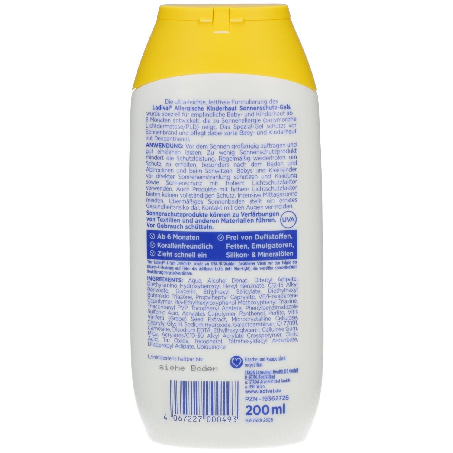Rückseite der weißen Flasche mit gelbem Deckel. Text: Ladival, Sonnenschutz-Gel, Anwendung, Inhaltsstoffe, 200 ml.