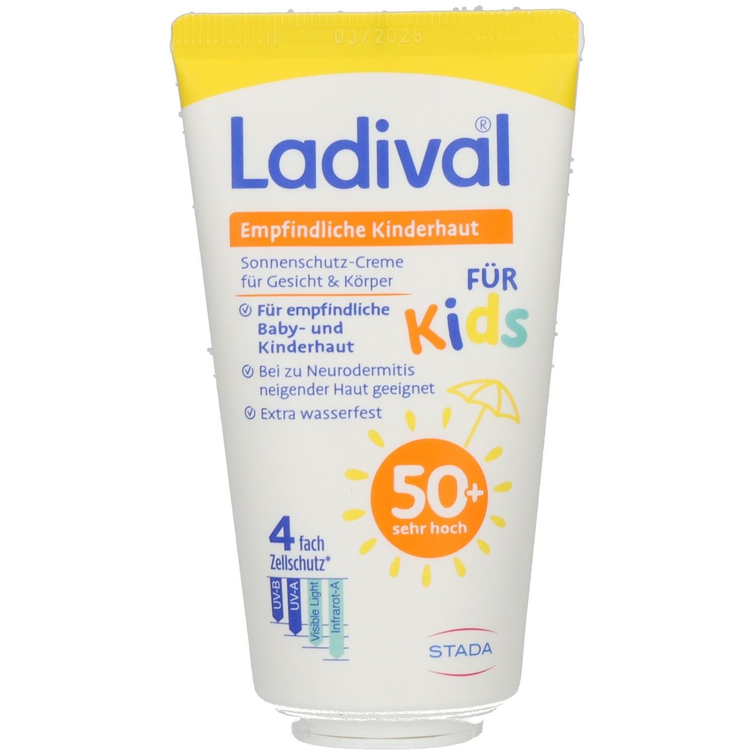 Weiße Tube mit gelbem Deckel. Aufschrift: Ladival, Empfindliche Kinderhaut, Sonnenschutz-Creme. Text: Für Kids, 50+ sehr hoch. Mit Logo und Symbolen.