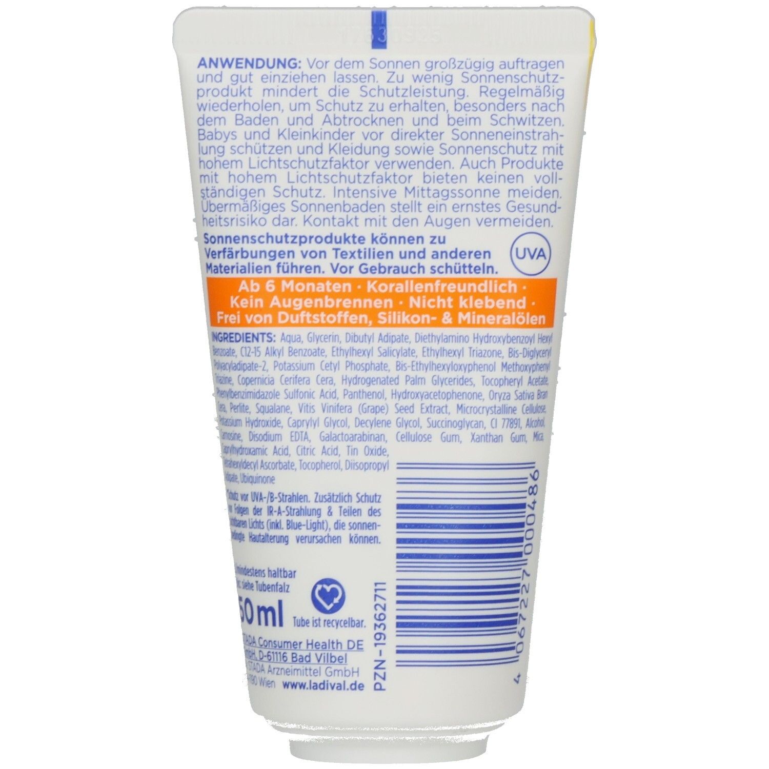 Rückseite der weißen Tube. Text: Anwendung, Inhaltsstoffe, 50 ml. Mit Barcode und weiteren Informationen. Marke: Ladival.