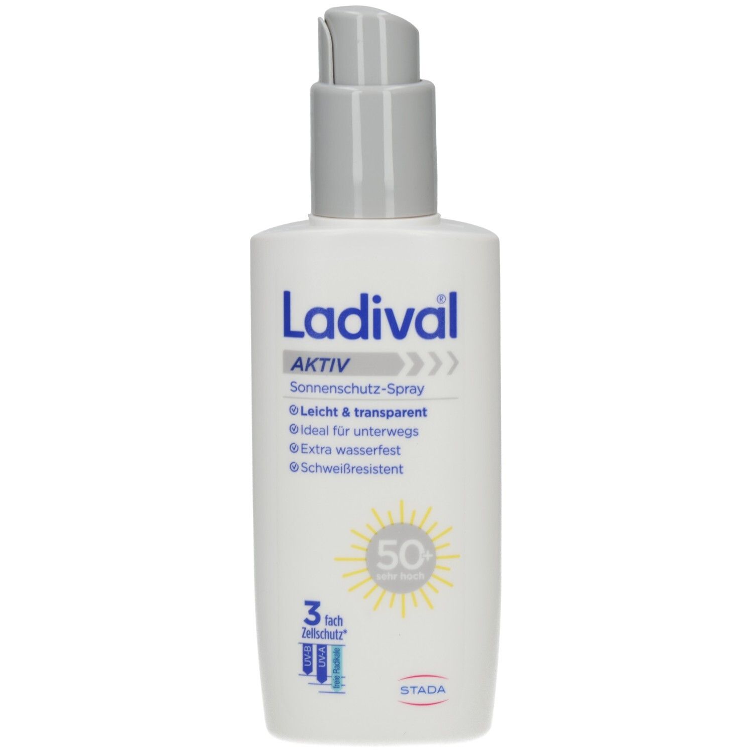 Weisse Flasche mit grauem Pumpkopf. Aufschrift: Ladival Aktiv Sonnenschutz-Spray F50+. Text und Logos.