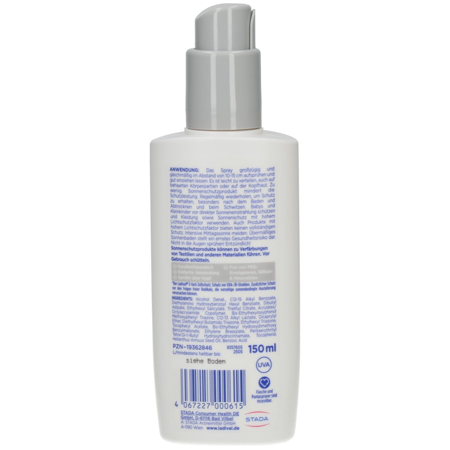 Rückseite der weißen Flasche. Text in deutscher Sprache. Enthält Informationen und Inhaltsstoffe. 150ml.