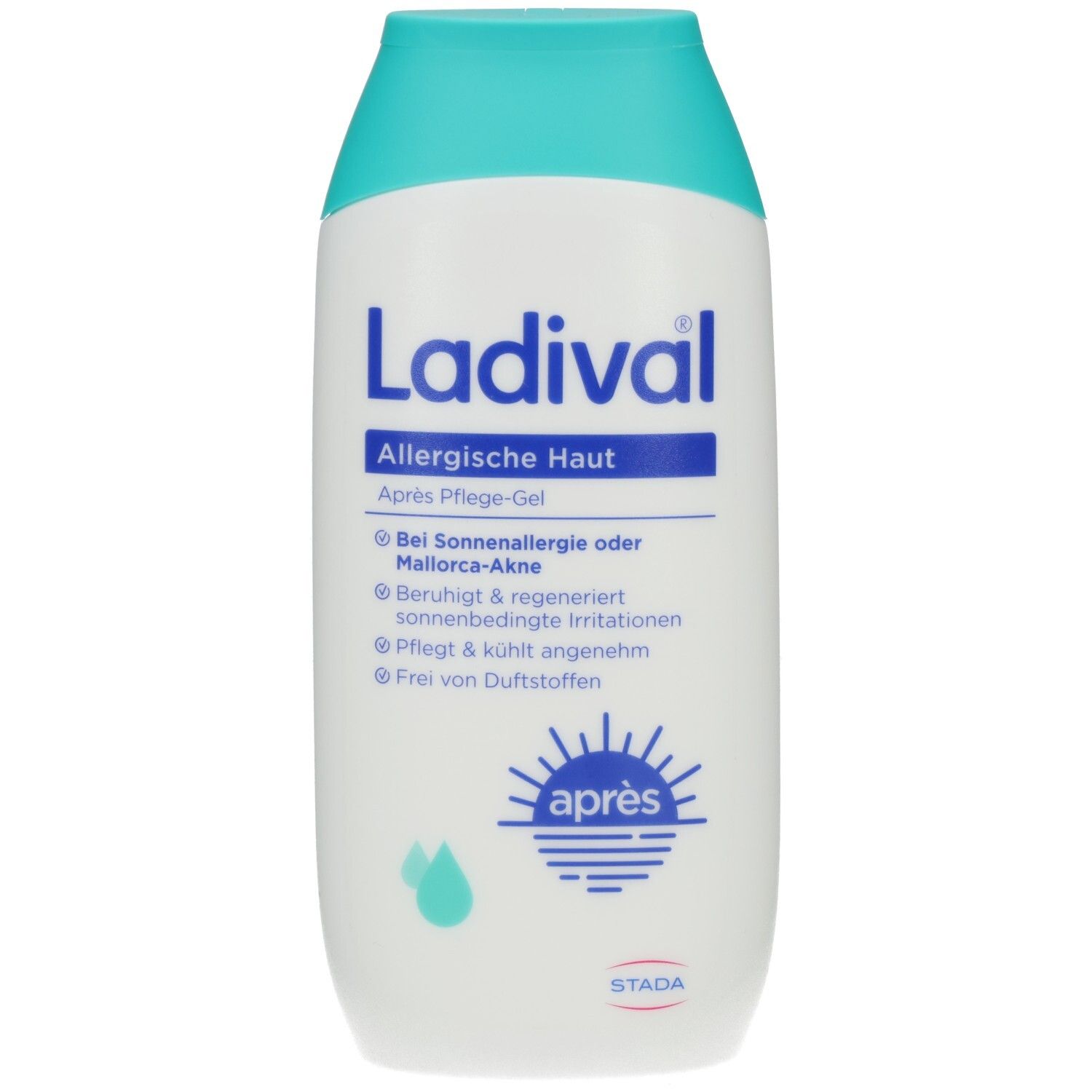 Weiß-blaue Flasche mit türkisfarbenem Deckel. Aufschrift: Ladival, Allergische Haut, Après Pflege-Gel. Text und Logo.