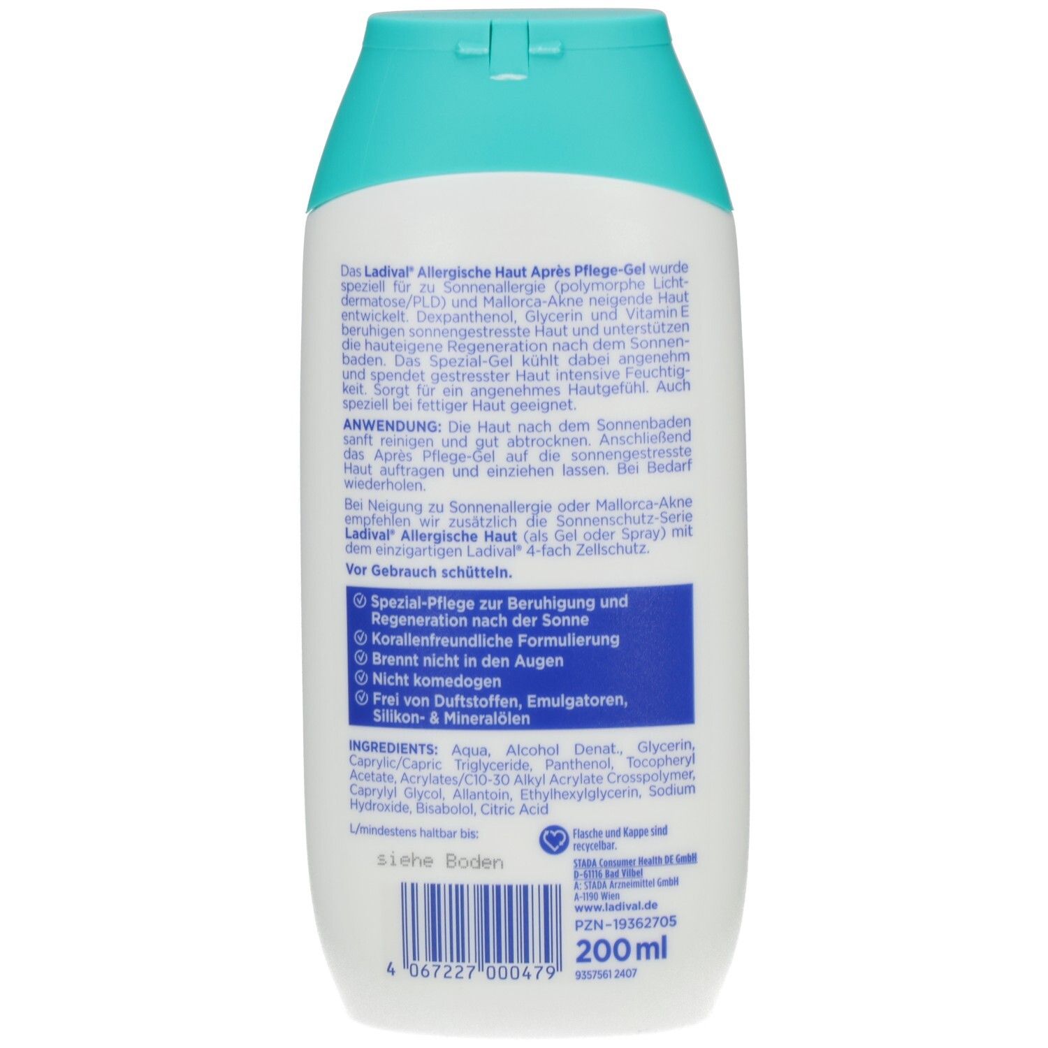 Rückseite der Flasche. Text in deutscher Sprache. Inhaltsstoffe und Logo. Volumenangabe: 200 ml.