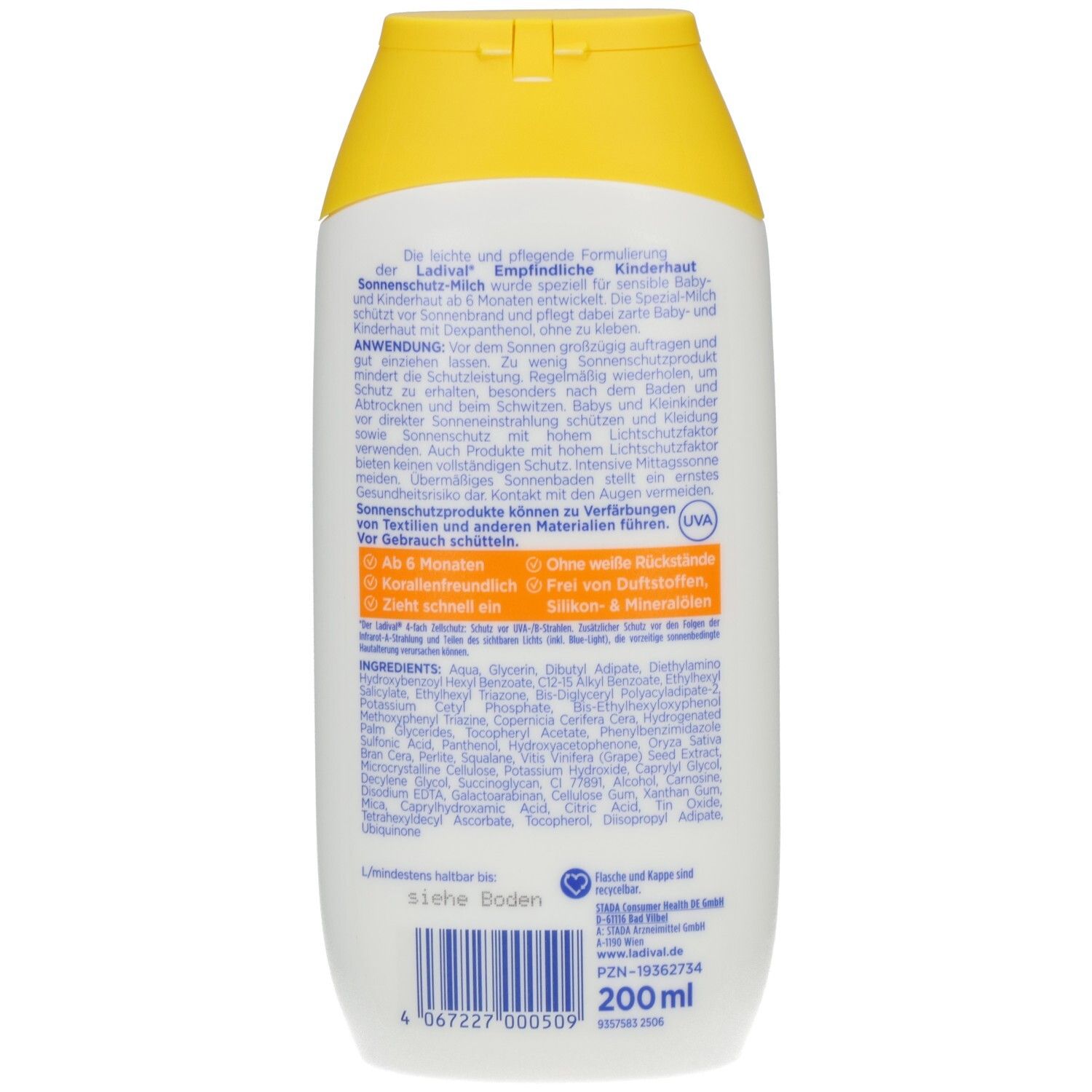Rückseite der weißen Flasche mit gelbem Deckel. Text: Sonnenschutz-Milch für empfindliche Kinderhaut. Enthält Inhaltsstoffe und Anwendungshinweise.