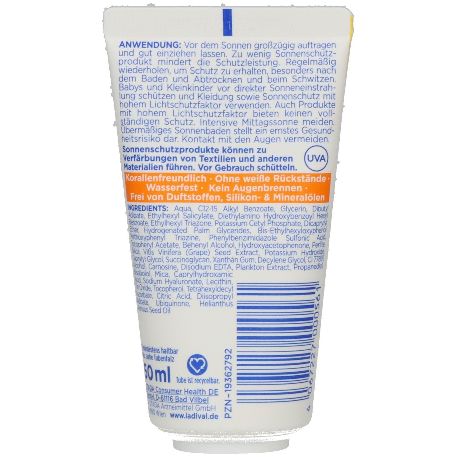 Rückseite der weißen Tube. Text: Anwendung, Inhaltsstoffe, 50ml, PZN-19362792, Logo. Ohne weiße Rückstände, wasserfest.