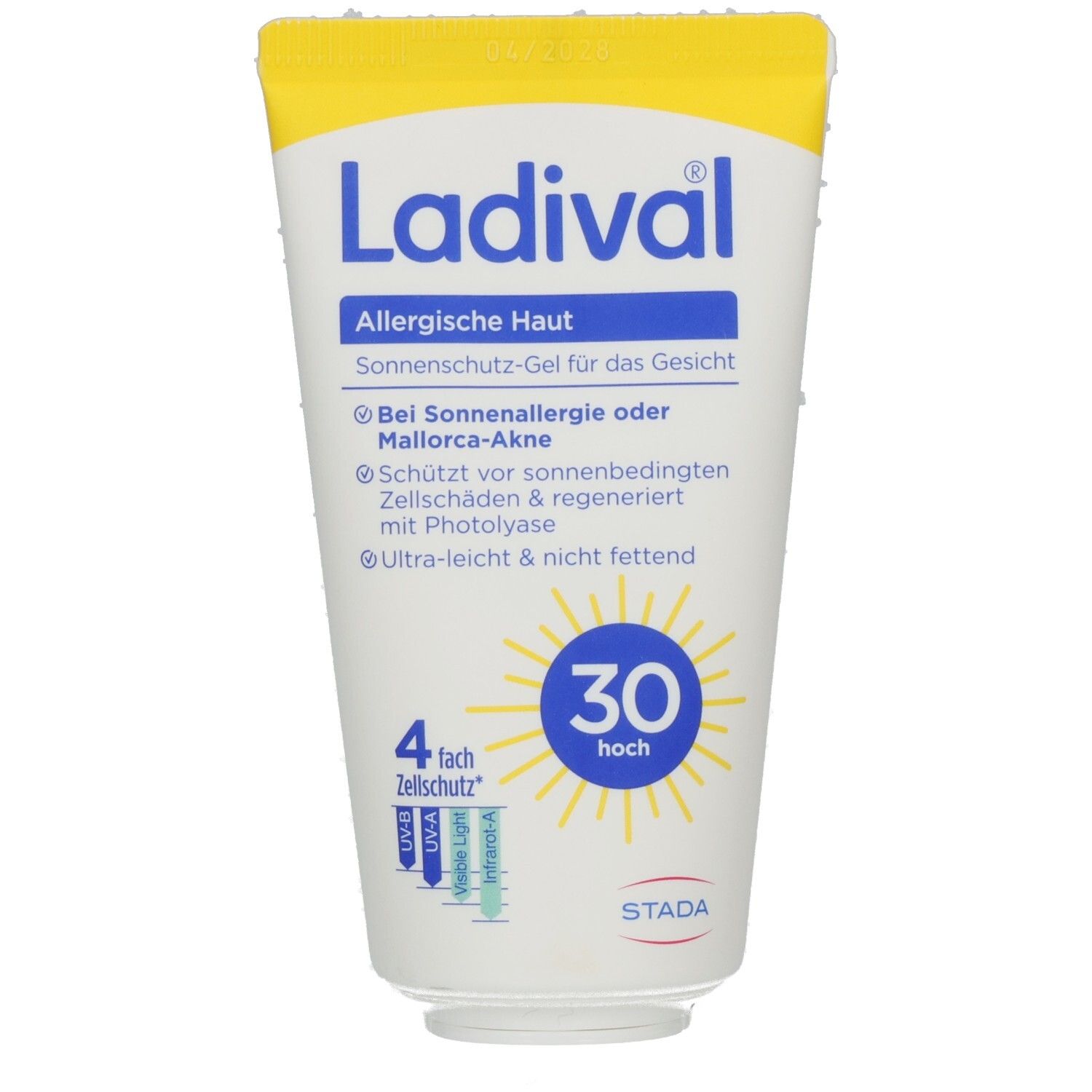 Weiße Tube mit gelbem Deckel. Blaue Schrift: Ladival, Allergische Haut, Sonnenschutz-Gel für das Gesicht. Gelbe Sonne mit 30 hoch.