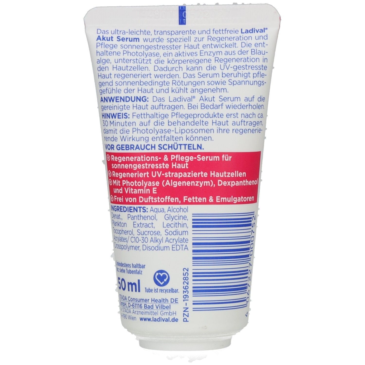 Rückseite der Tube. Text: Regenerations- & Pflege-Serum für sonnengestresste Haut. Inhaltsstoffe. 50 ml. Recycling-Symbol.