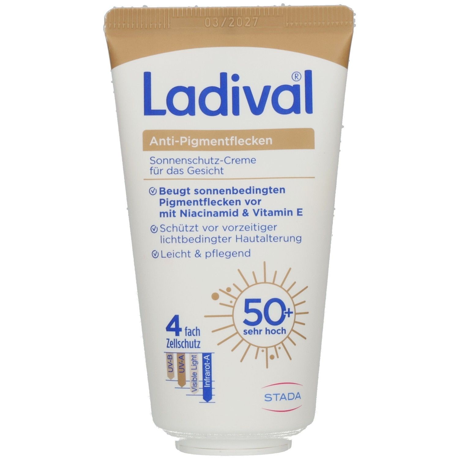 Creme-Tube mit Ladival-Logo und Text. Sonnenschutz-Creme für das Gesicht. Lichtschutzfaktor 50+. Enthält Niacinamid & Vitamin E.
