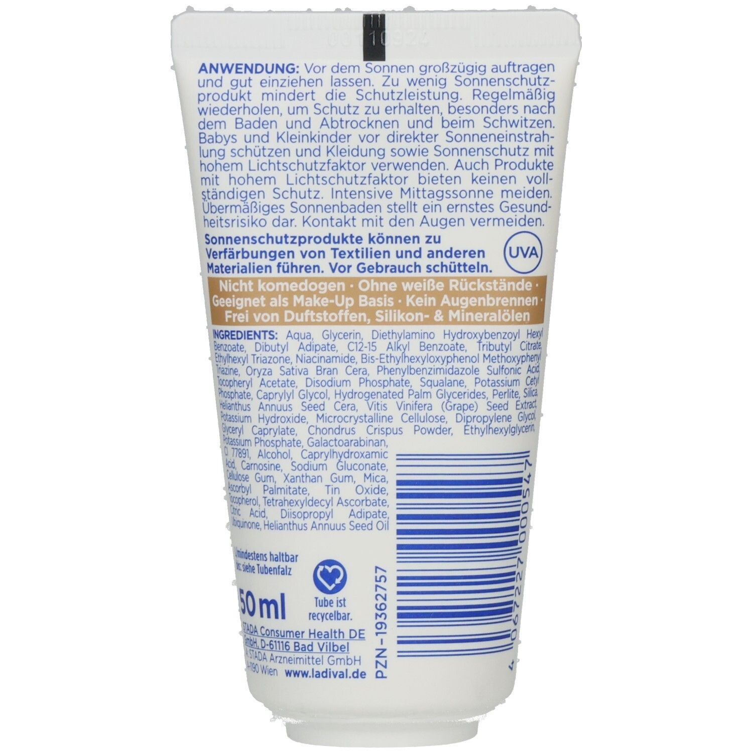 Rückseite der Ladival-Tube. Text über Anwendung, Inhaltsstoffe und Hersteller. Enthält 50 ml. Mit Recycling-Symbol.