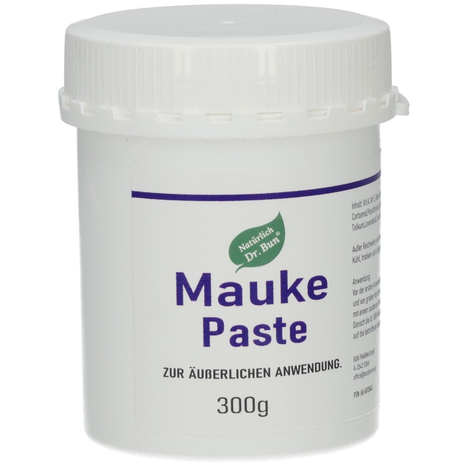 Weißer Tiegel mit Schraubverschluss. Aufschrift: Mauke Paste, 300g, zur äußerlichen Anwendung. Logo: grünes Blatt.