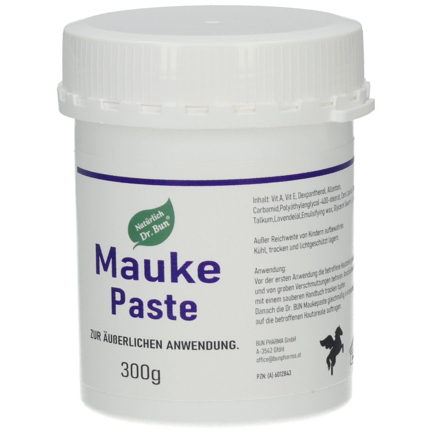 Weißer Tiegel mit Schraubverschluss. Aufschrift: Mauke Paste, 300g, zur äußerlichen Anwendung. Logo: grünes Blatt. Text.
