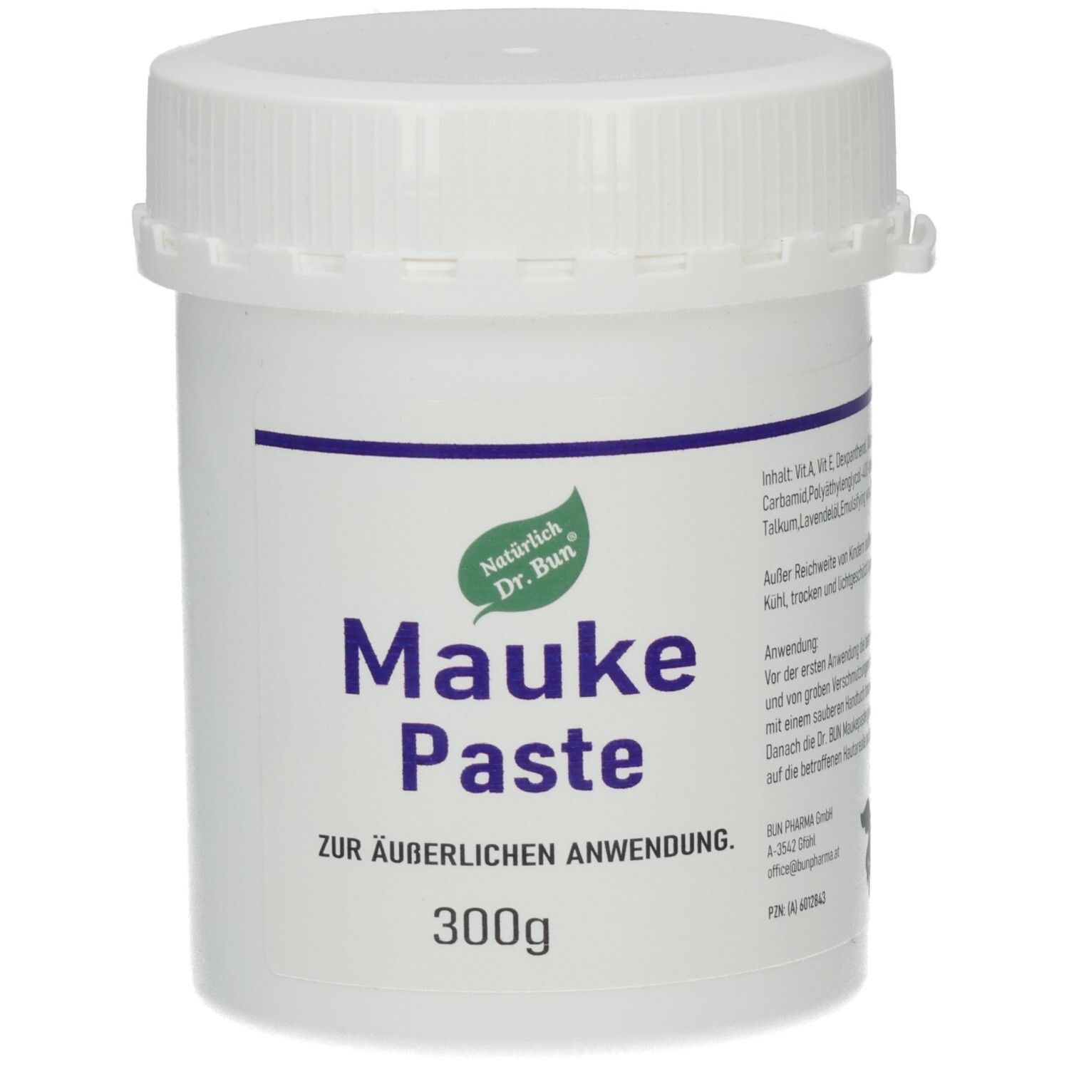Weißer Tiegel mit Schraubverschluss. Aufschrift: Mauke Paste, 300g, zur äußerlichen Anwendung. Logo: grünes Blatt.