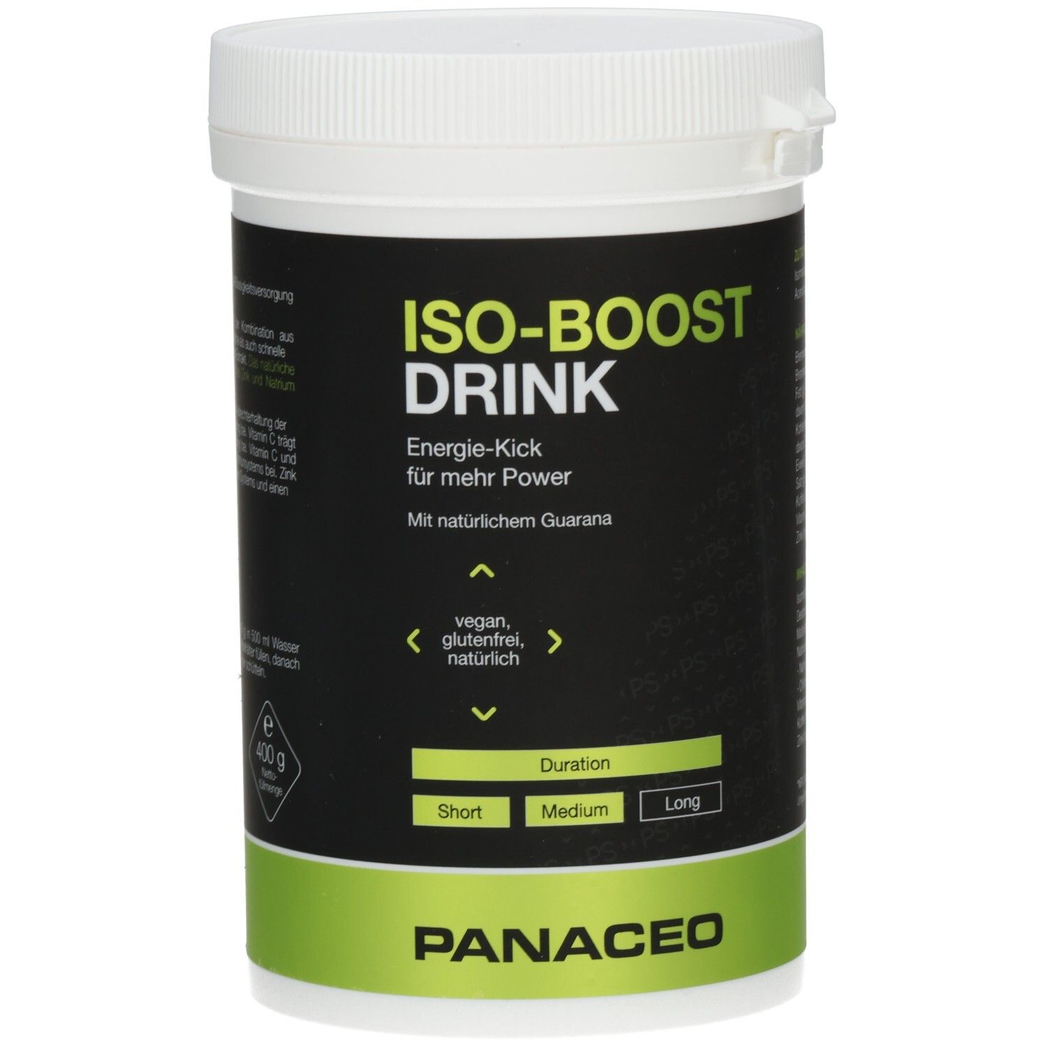 Weiß-schwarze Dose mit grünem Streifen. Aufschrift: ISO-BOOST DRINK, Energie-Kick, vegan, glutenfrei, natürlich. Marke: PANACEO.