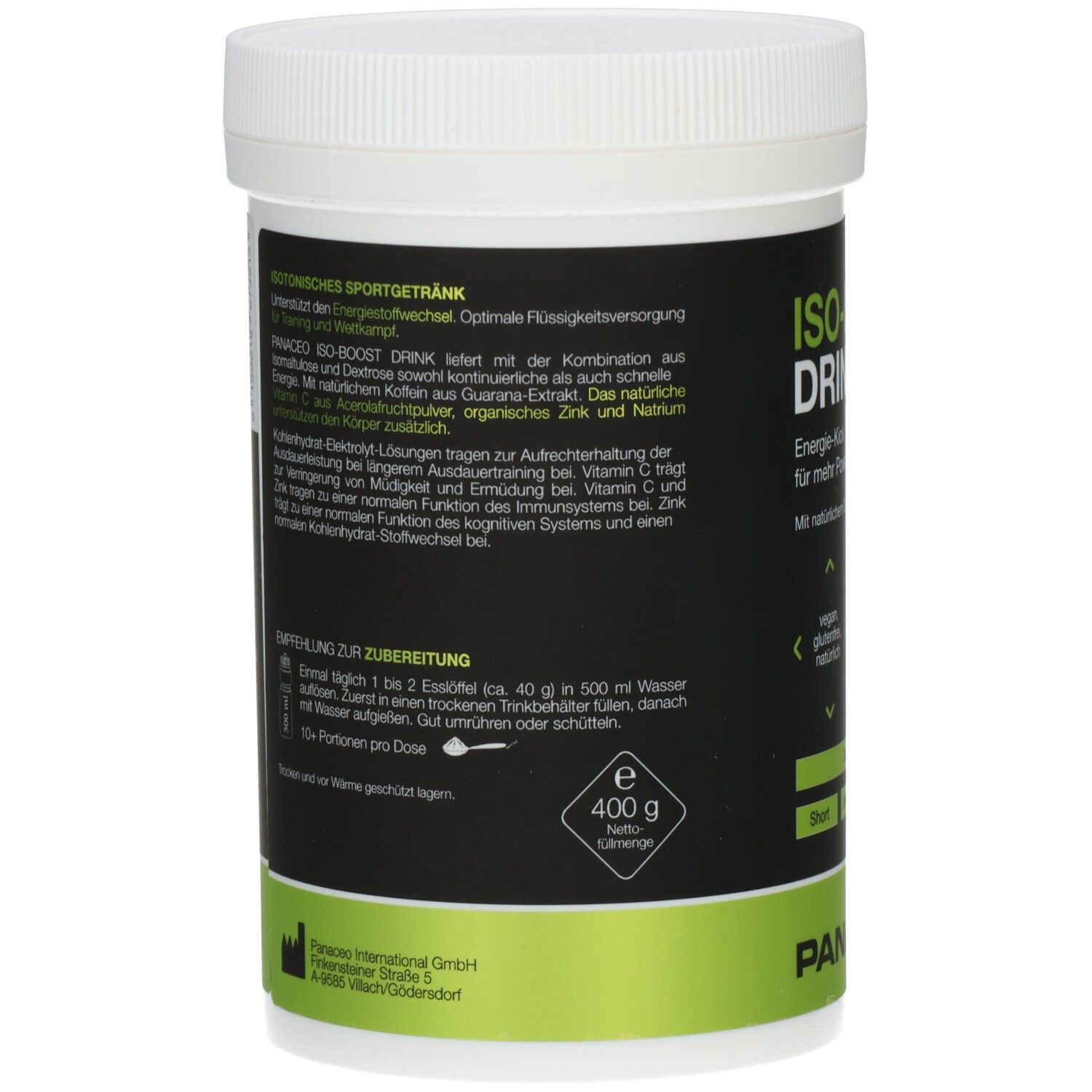 Rückseite der Dose. Text: ISOTONISCHES SPORTGETRÄNK. Angaben zur Zubereitung. Marke: PANACEO. Gewicht: 400 g.