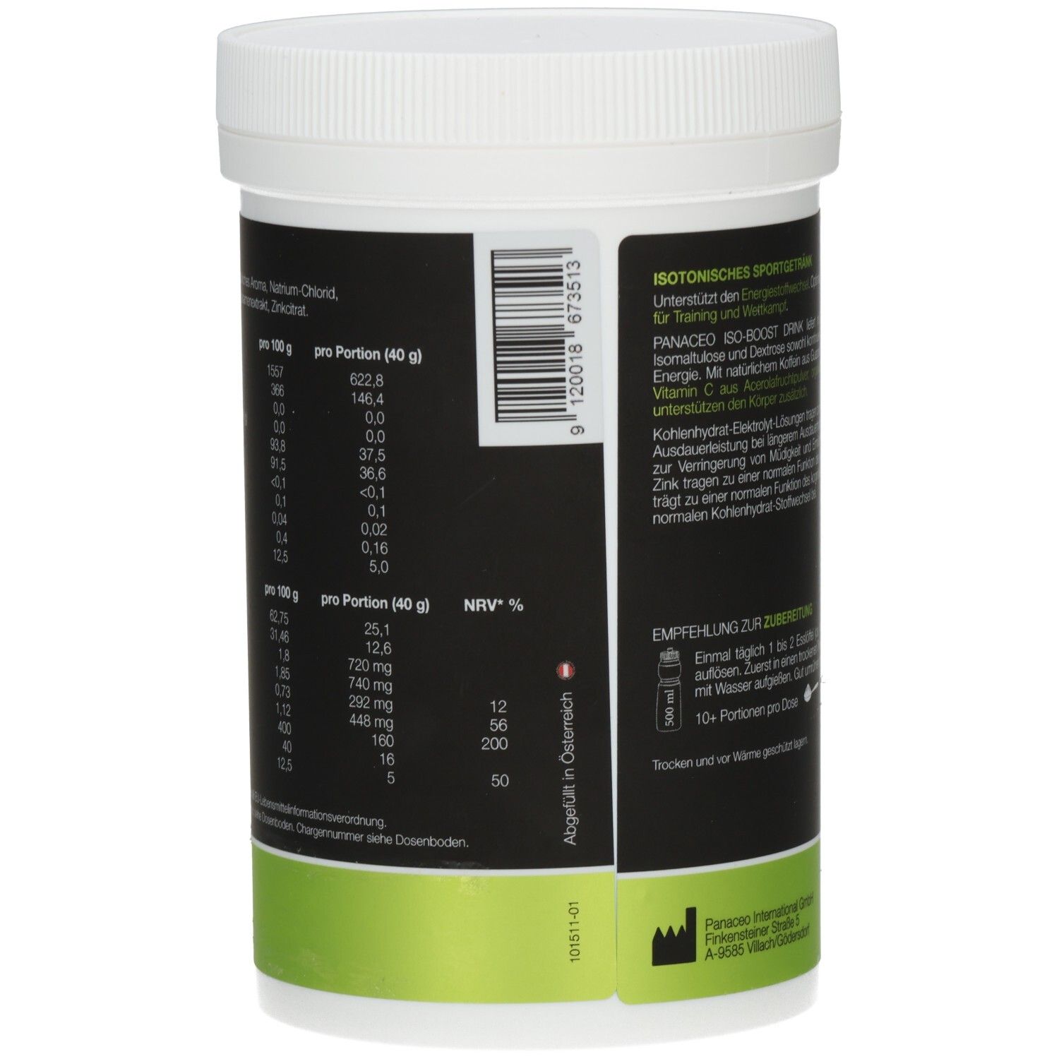 Rückseite der Dose. Nährwerttabelle und Empfehlung zur Zubereitung. Barcode. Marke: PANACEO.