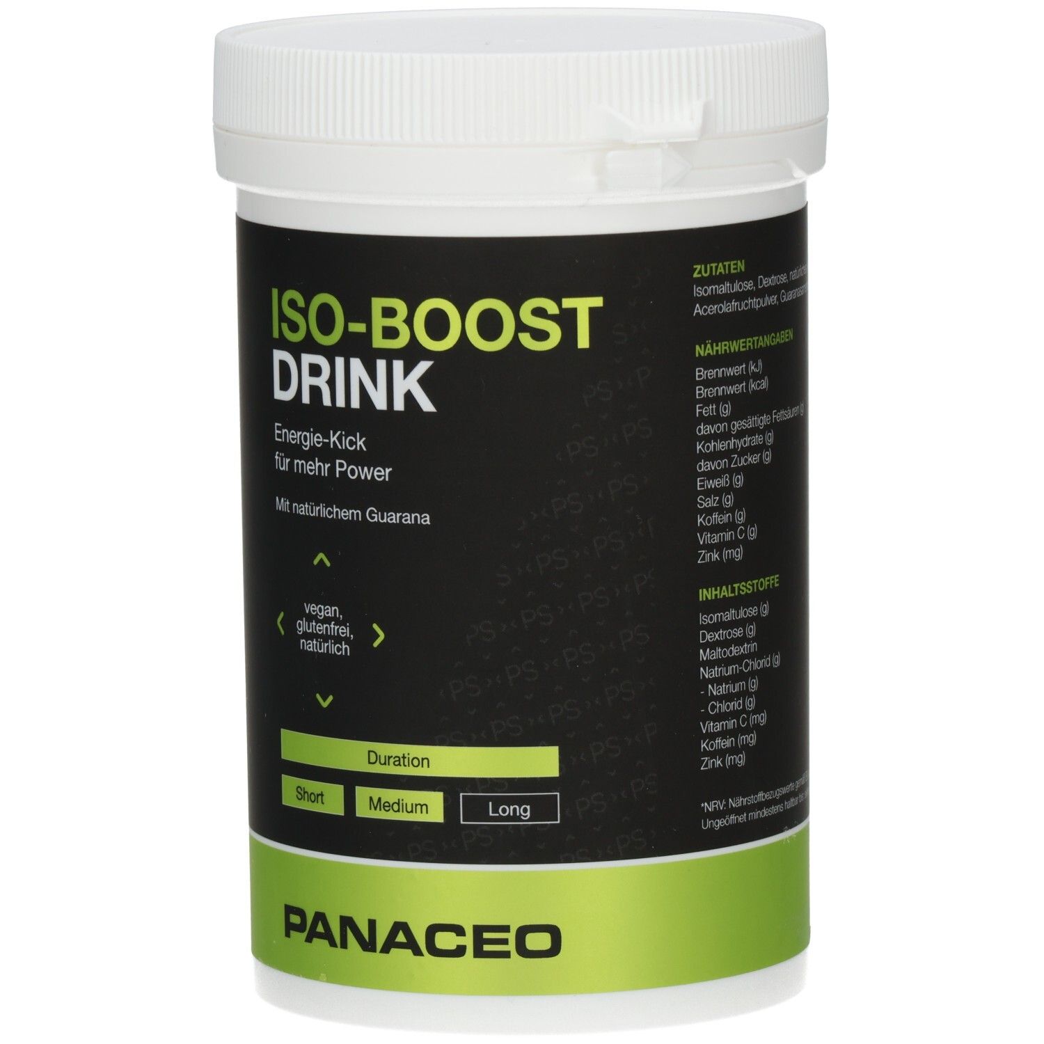 Weiß-schwarze Dose mit grünem Streifen. Aufschrift: ISO-BOOST DRINK, Energie-Kick, vegan, glutenfrei, natürlich. Marke: PANACEO.