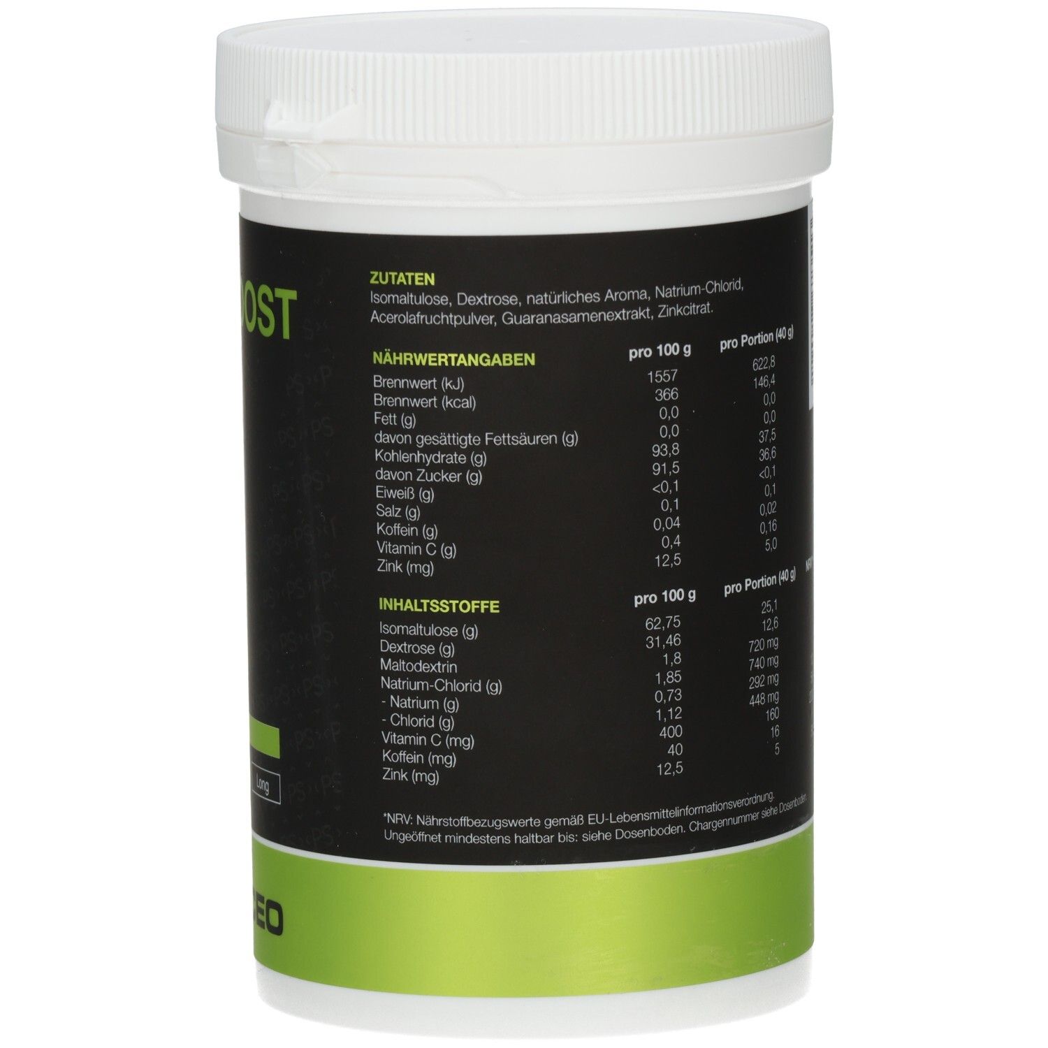 Rückseite der Dose. Zutaten- und Nährwertangaben. Marke: PANACEO.