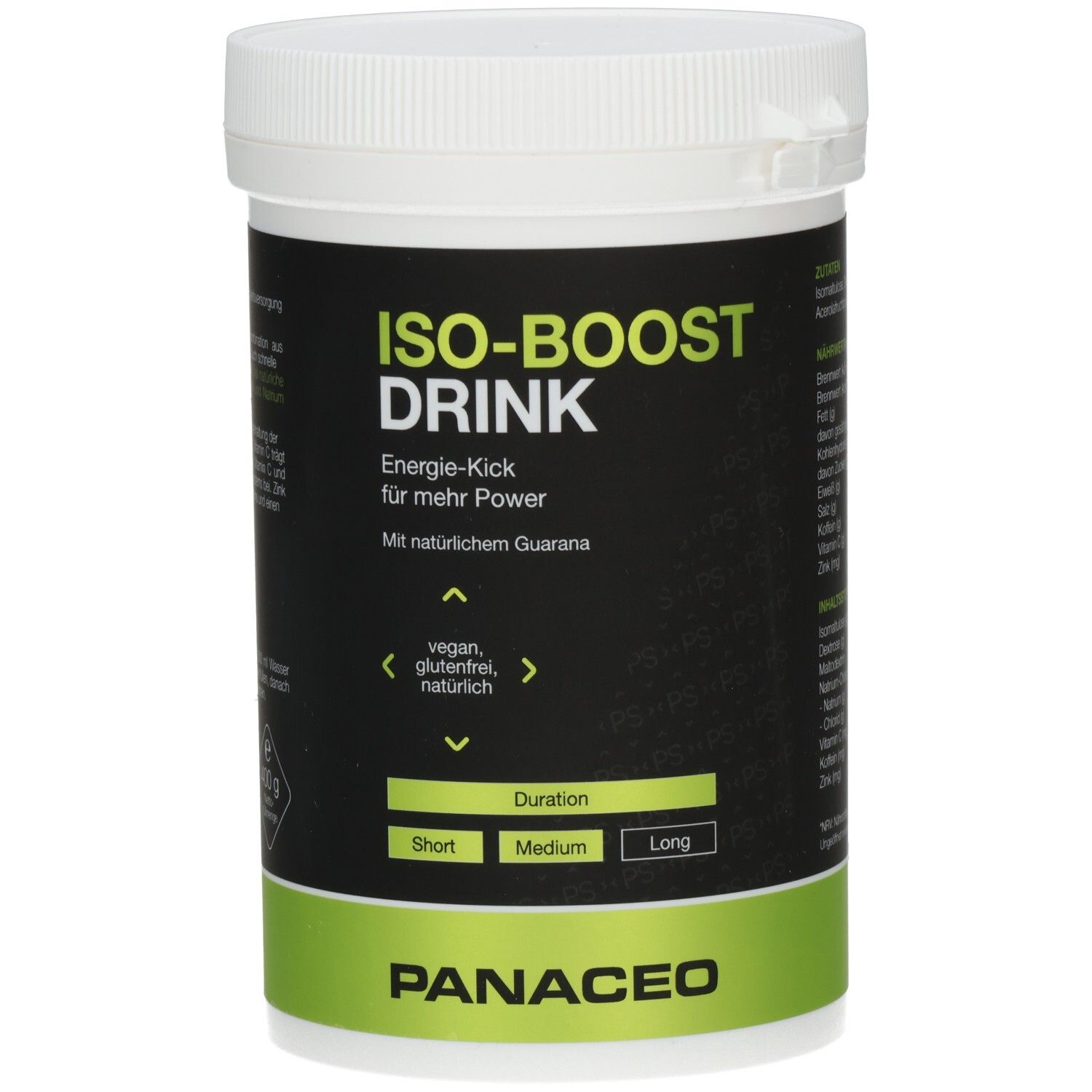 Weiß-schwarze Dose mit grünem Streifen. Aufschrift: ISO-BOOST DRINK, Energie-Kick, vegan, glutenfrei, natürlich. Marke: PANACEO.